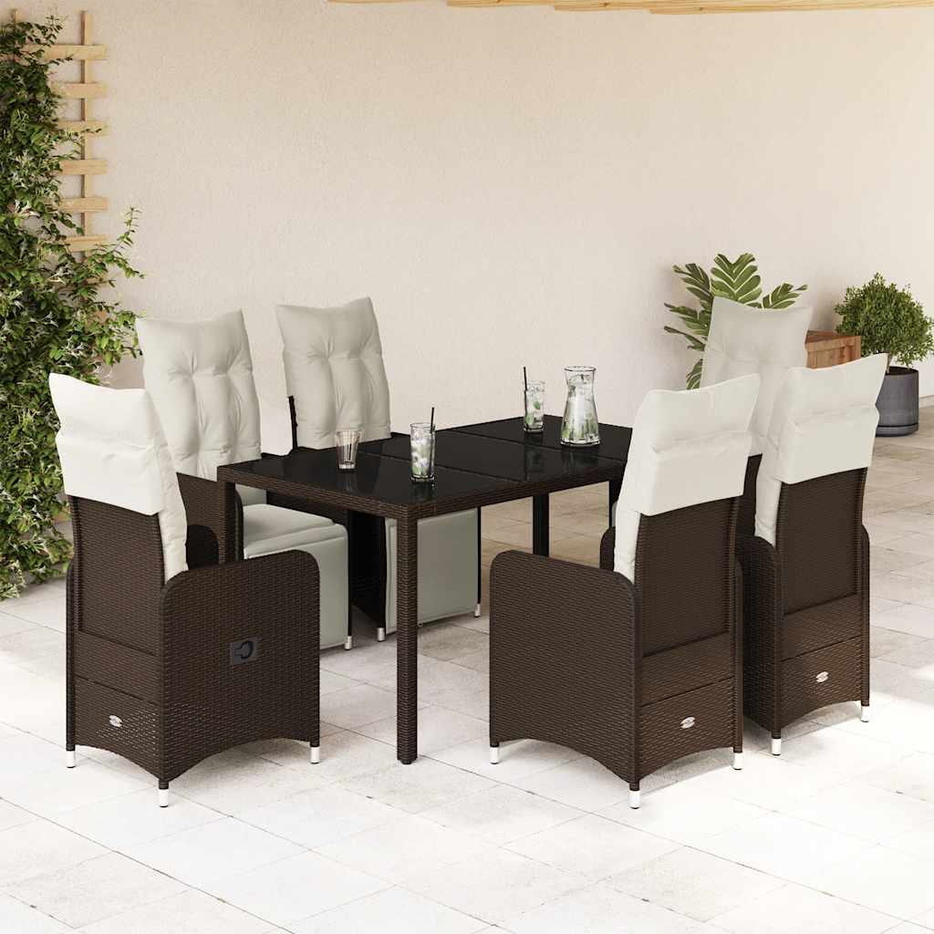 7 Pcs conjunto bistrô de jardim c/ almofadões vime PE castanho