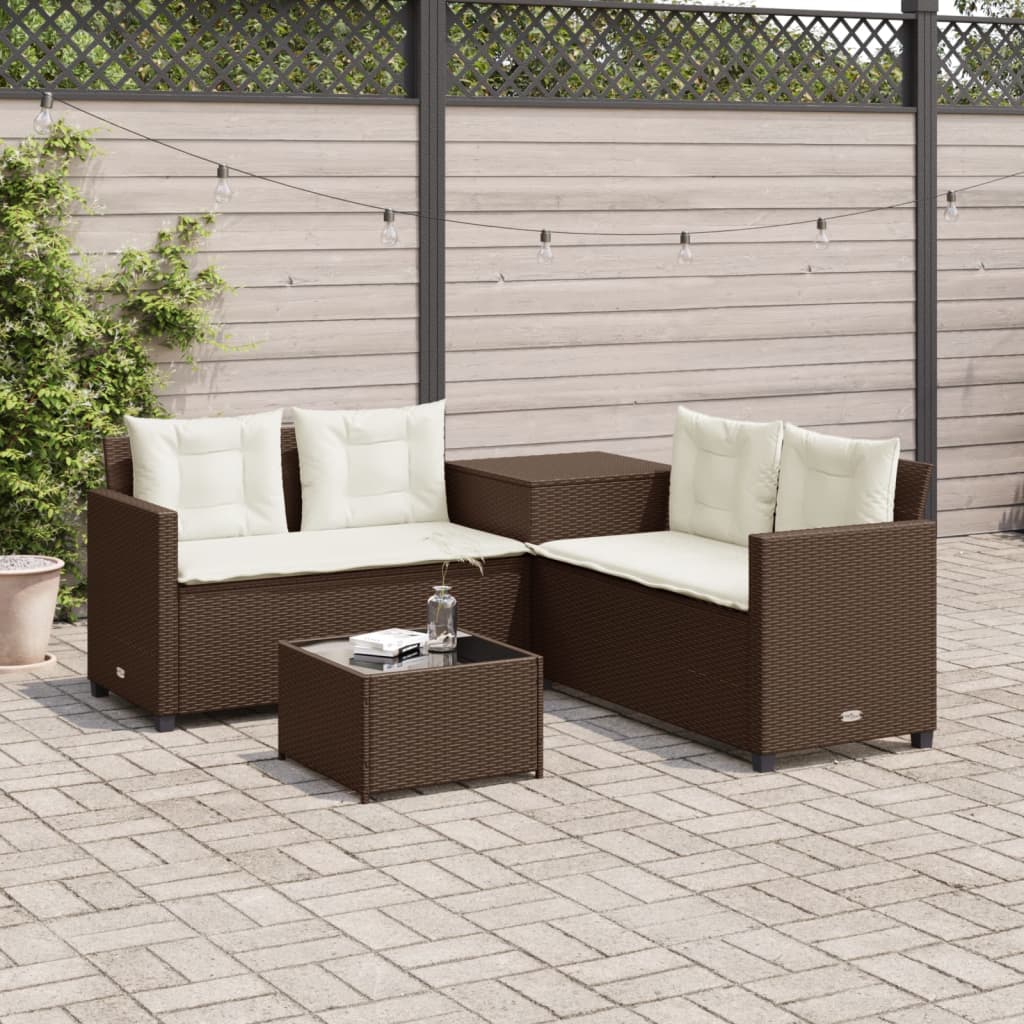 Sofá de jardim forma de l c/ mesa e almofadões vime PE castanho