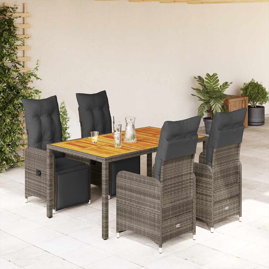 5 Pcs conjunto bistrô de jardim c/ almofadões vime PE cinza