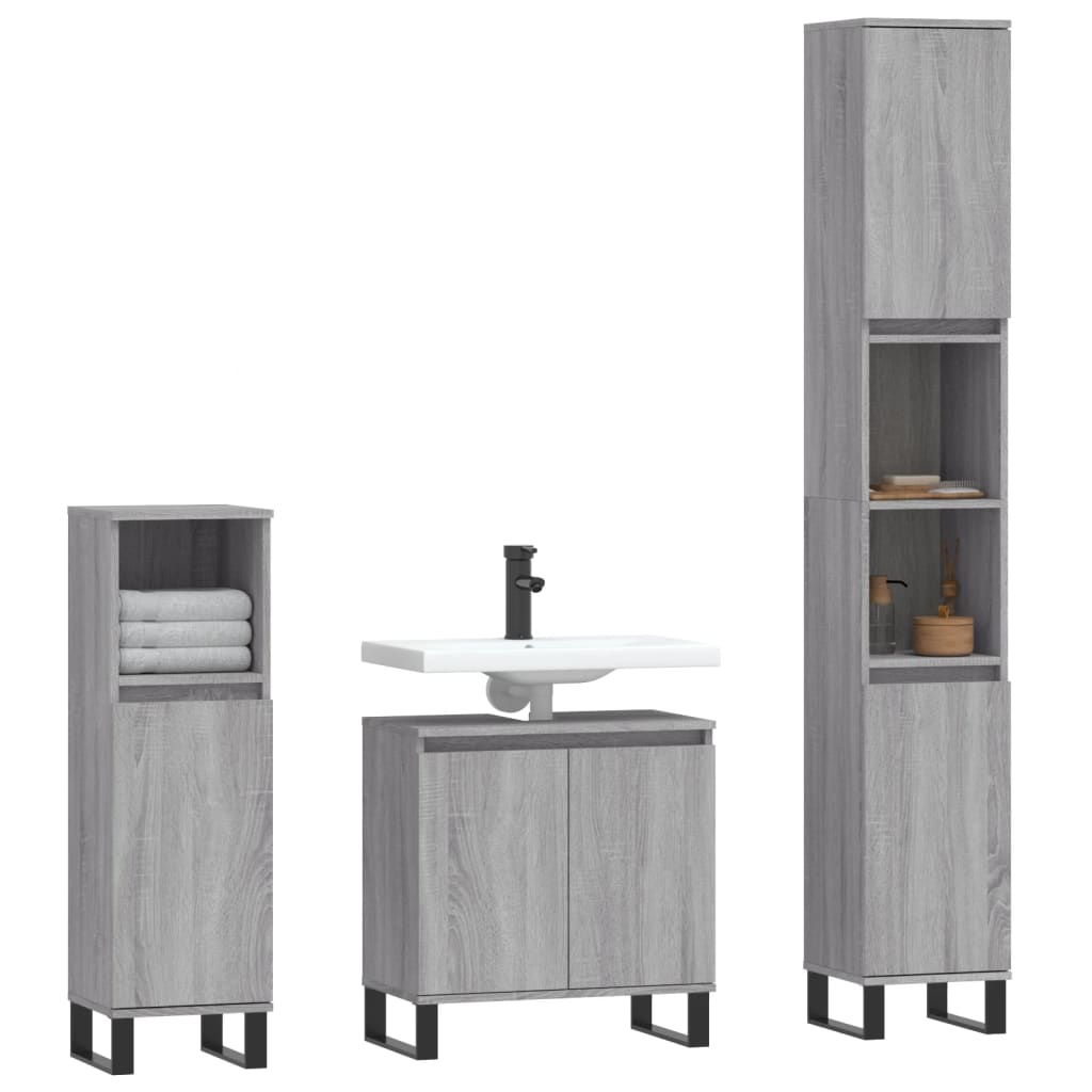 3 Pcs conjunto móveis wc derivados de madeira cinzento sonoma