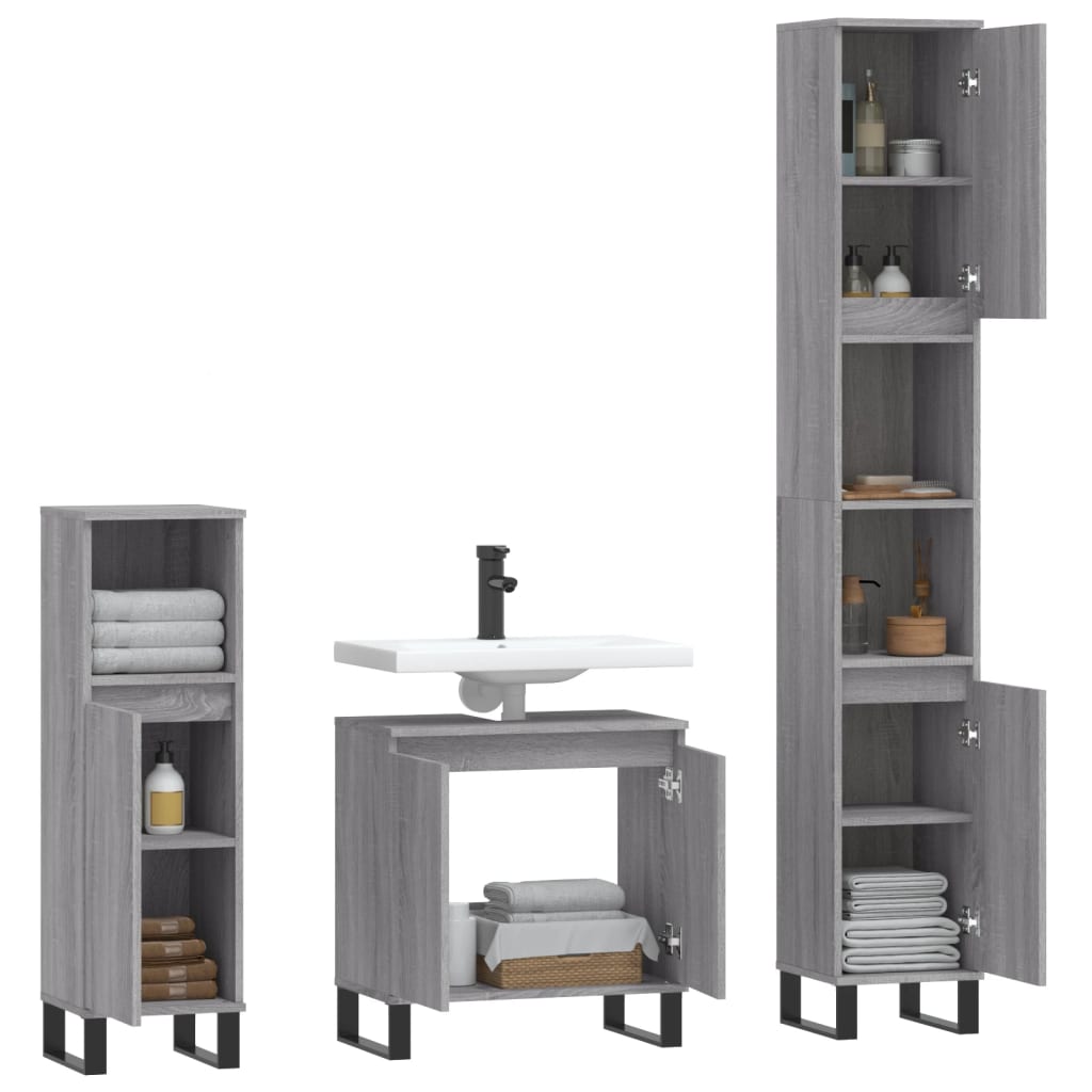 3 Pcs conjunto móveis wc derivados de madeira cinzento sonoma