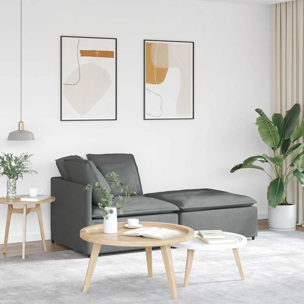 Sofá modular com pufes e almofadas tecido cinzento-escuro
