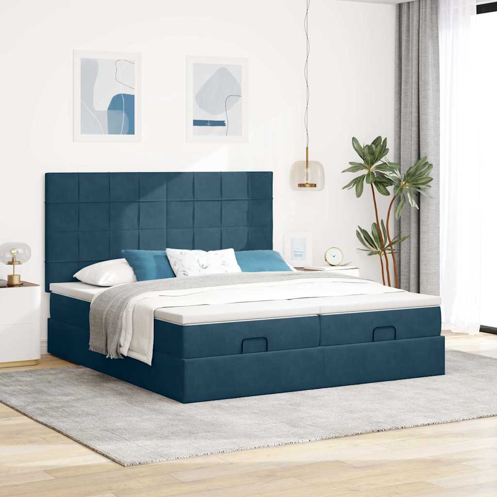 Estrutura cama otomana colchões 180x200 cm veludo azul escuro