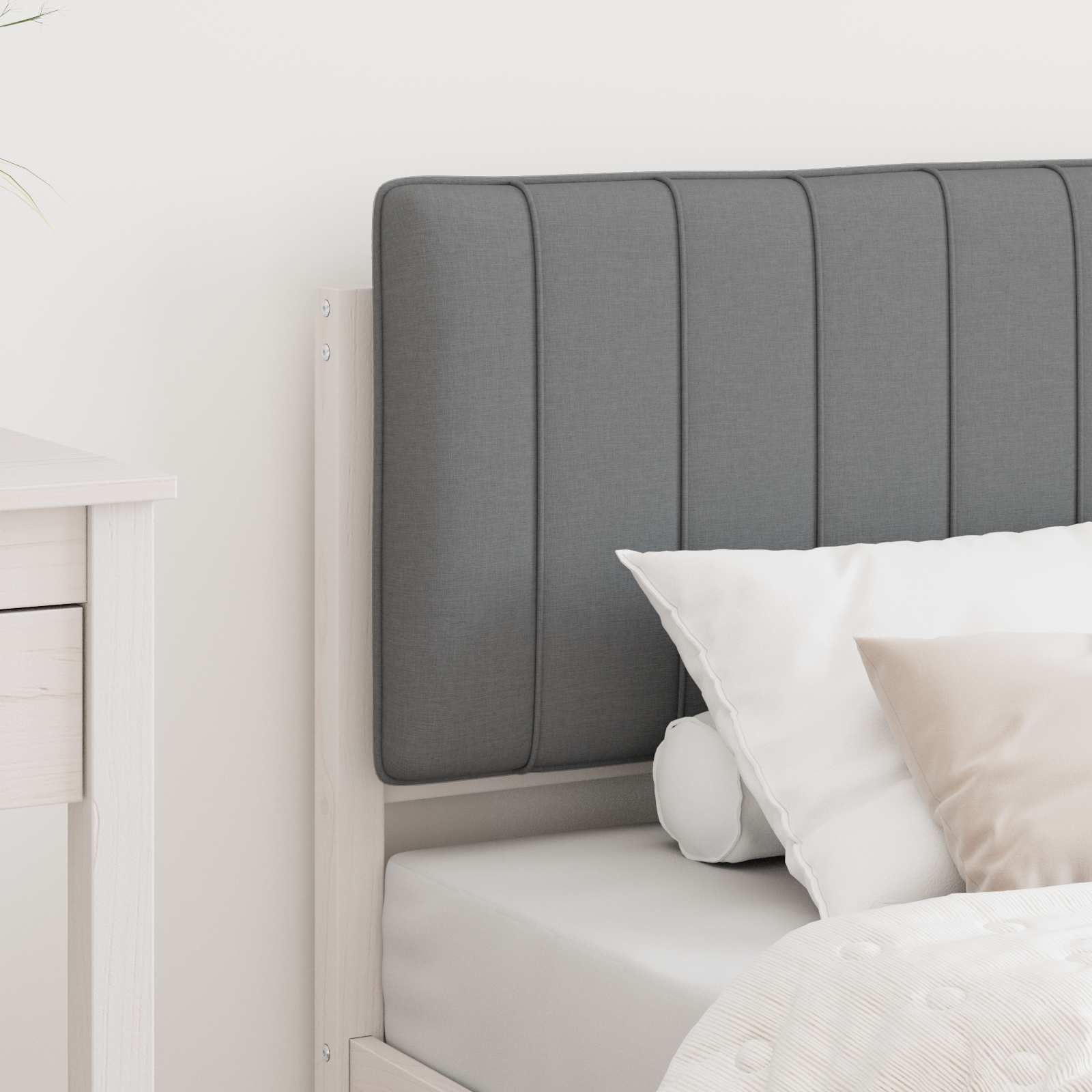 Estrutura de cama com cabeceira estofada cinzento-claro