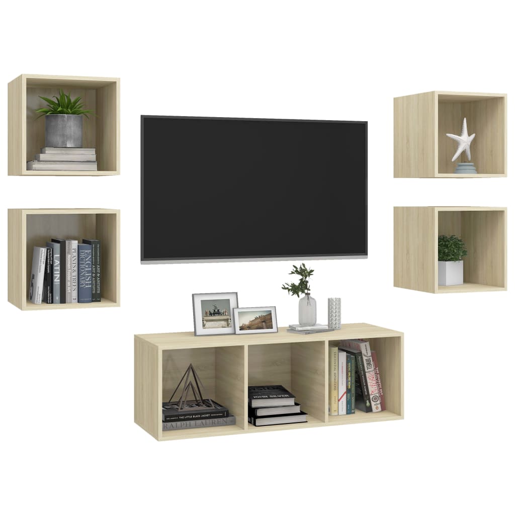 5 Pcs conjunto móveis de TV derivados madeira carvalho sonoma