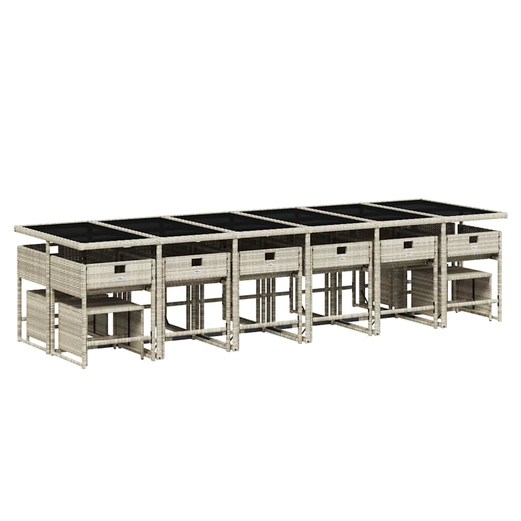 17 Pcs conj. jantar jardim c/ almofadões vime PE cinzento-claro