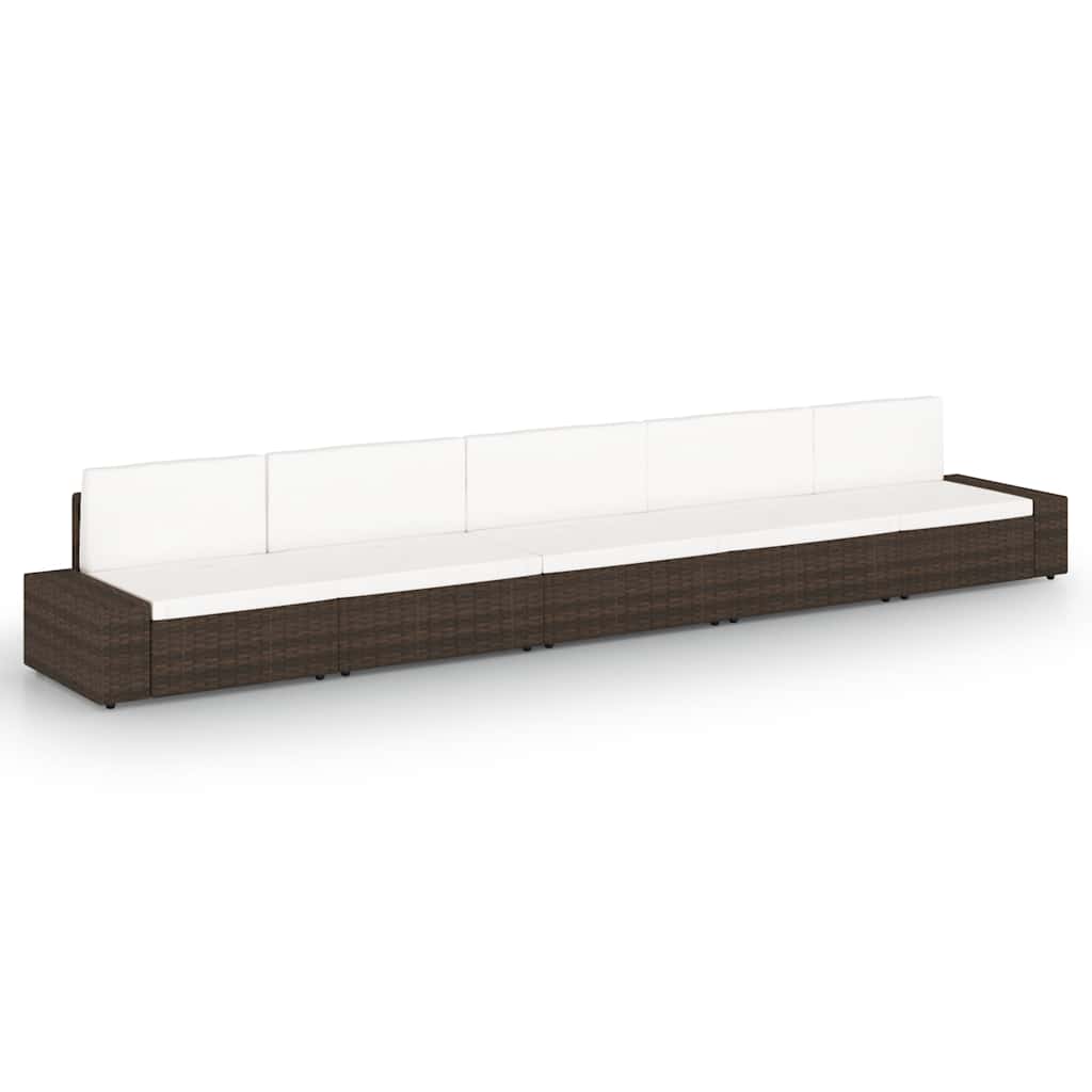 5 Pcs conjunto lounge p/ jardim c/ almofadões vime PE castanho