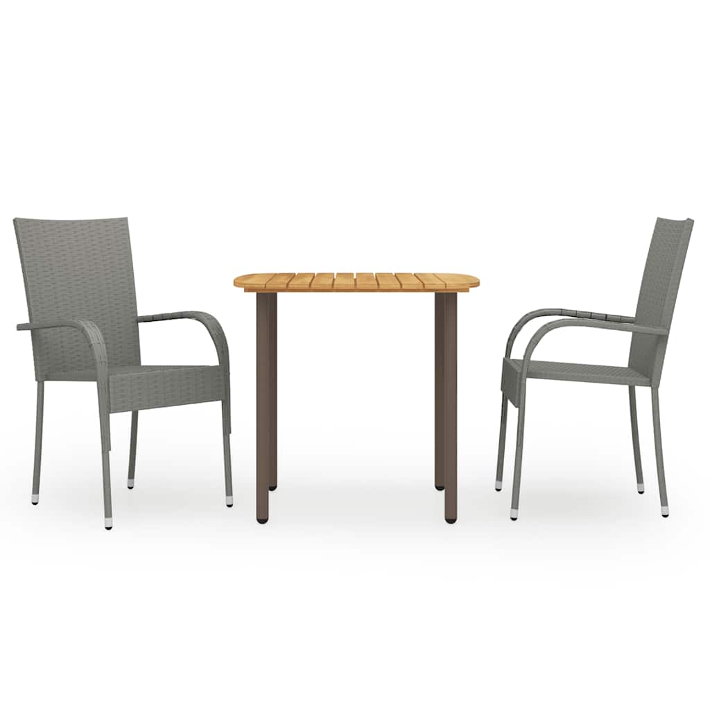 3 Pcs conjunto de jantar para jardim vime PE cinzento