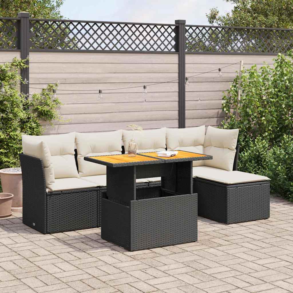6 Pcs conjunto sofás de jardim c/ almofadões vime PE preto