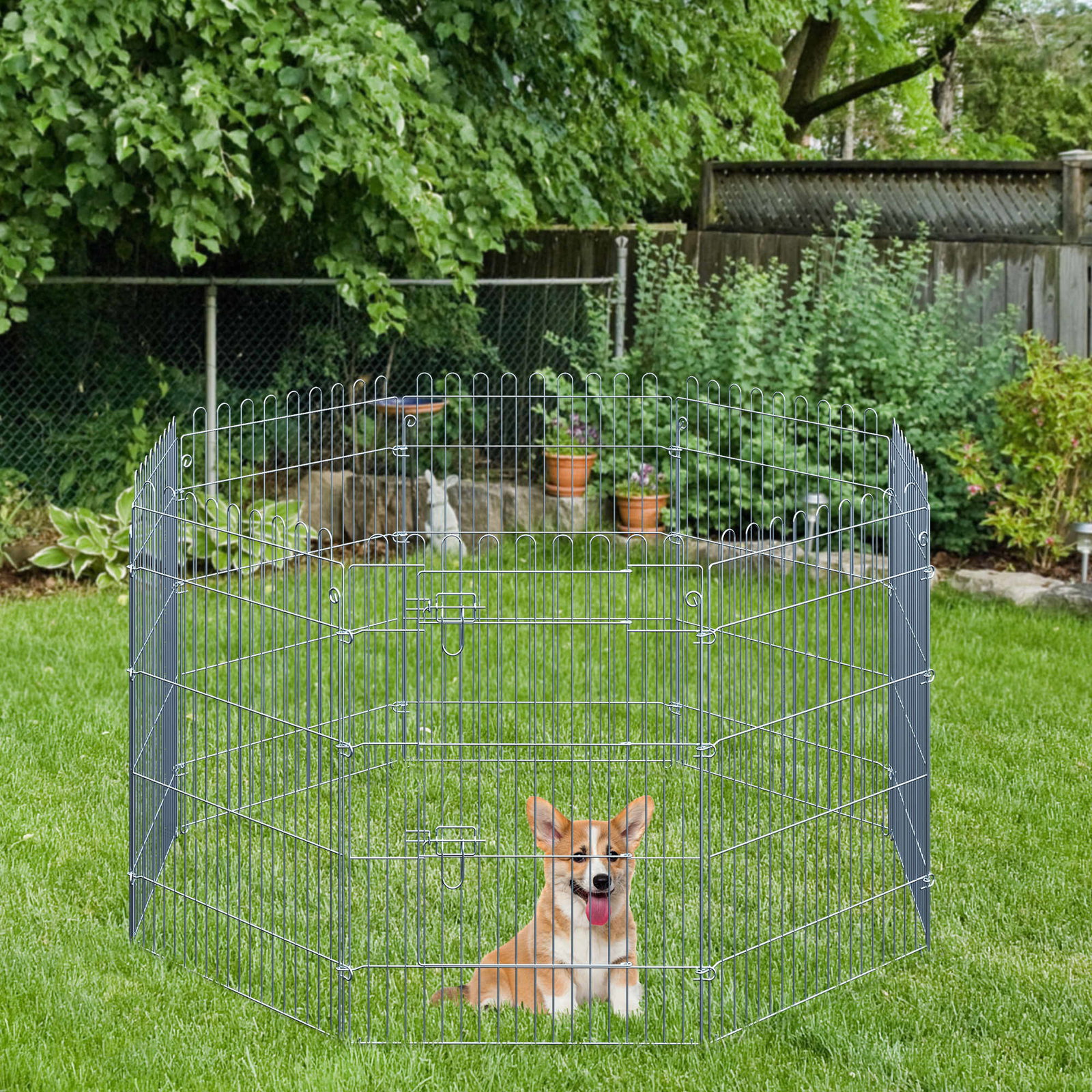 Parque para animais de estimação com 8 paineis 63x91cm cerca para animais de estimação com porta com trava para jardim pátio exterior prata