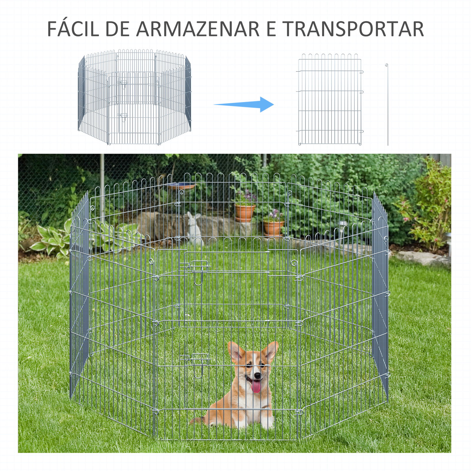 Parque para animais de estimação com 8 paineis 63x91cm cerca para animais de estimação com porta com trava para jardim pátio exterior prata