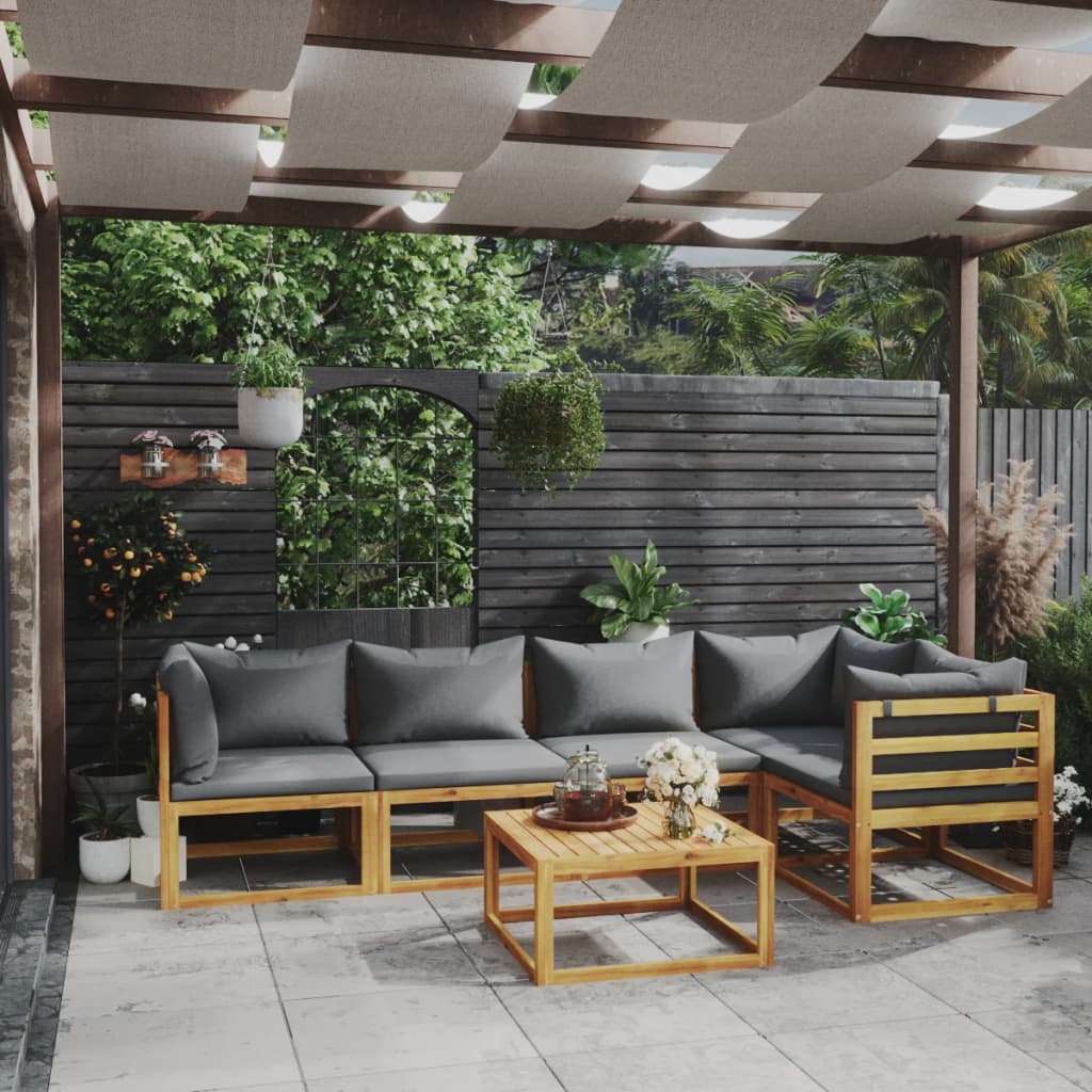 6 Pcs conjunto lounge de jardim com almofadões acácia maciça