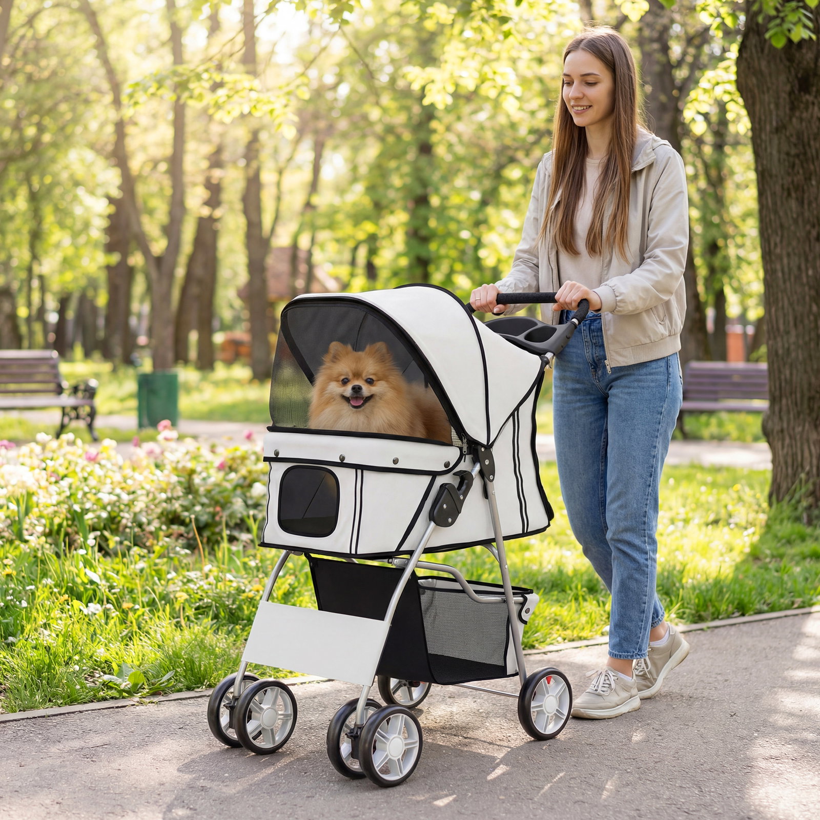 Carrinho de passeio para animais de estimação dobrável com cesta de armazenamento e travão 77x44x102 cm cinza