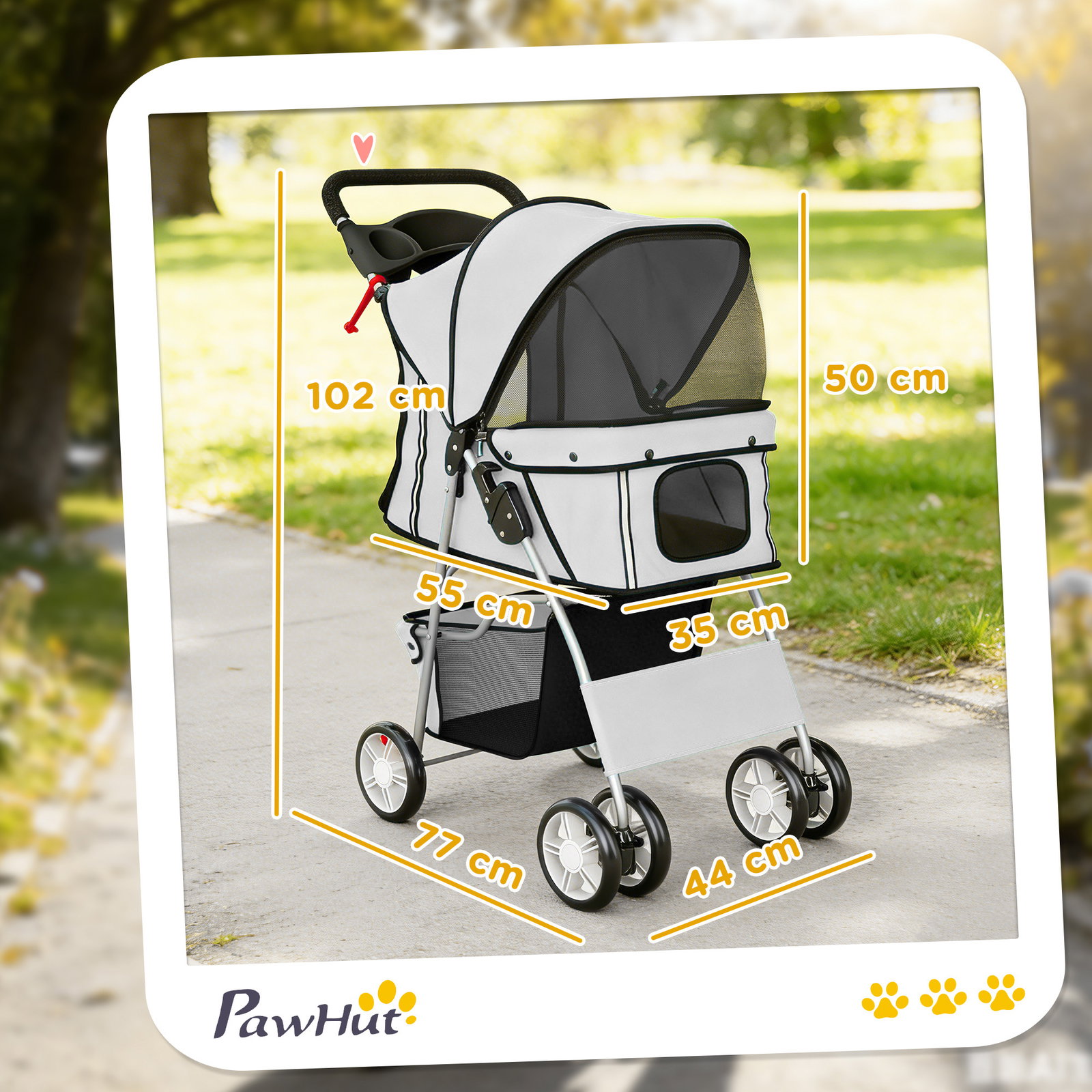 Carrinho de passeio para animais de estimação dobrável com cesta de armazenamento e travão 77x44x102 cm cinza