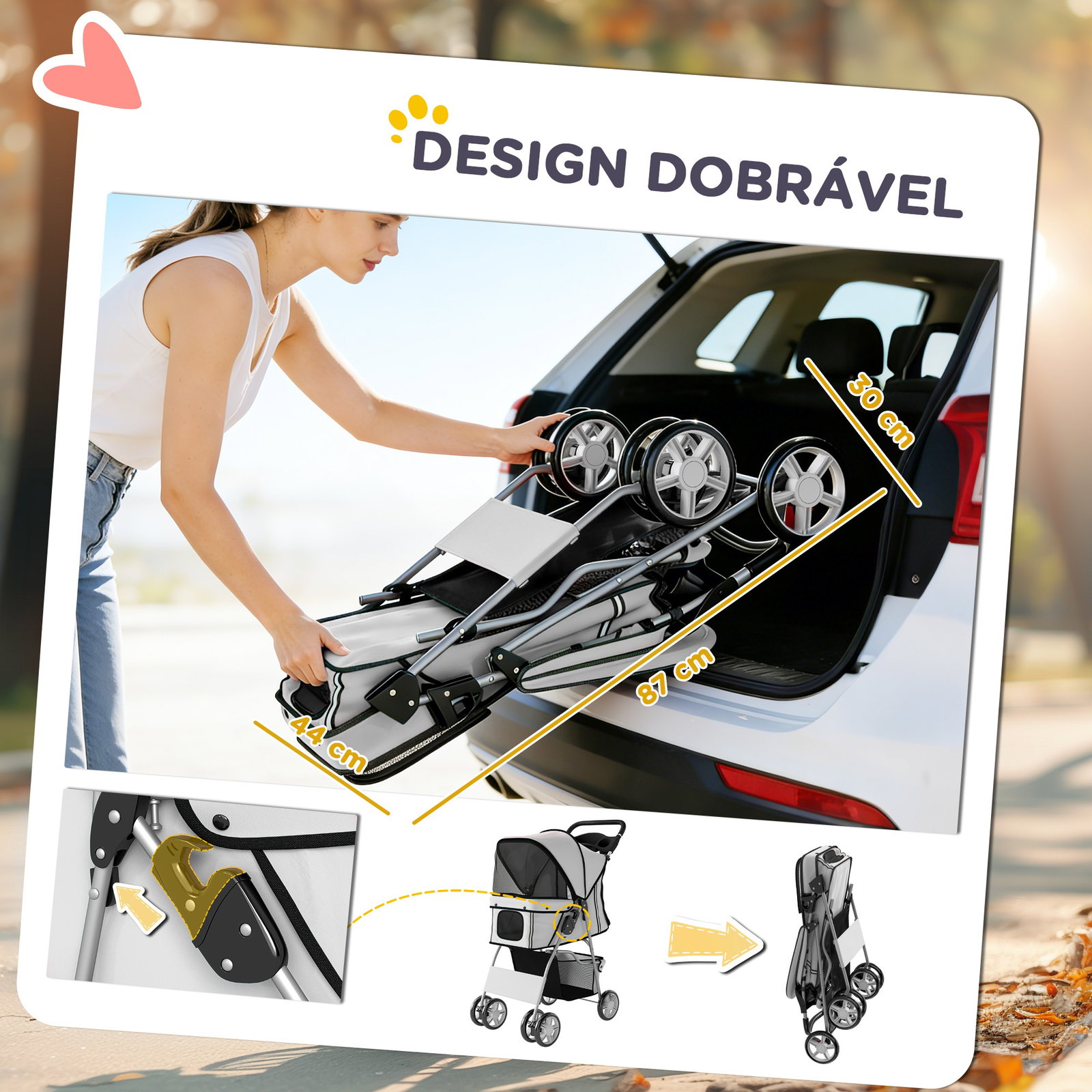 Carrinho de passeio para animais de estimação dobrável com cesta de armazenamento e travão 77x44x102 cm cinza