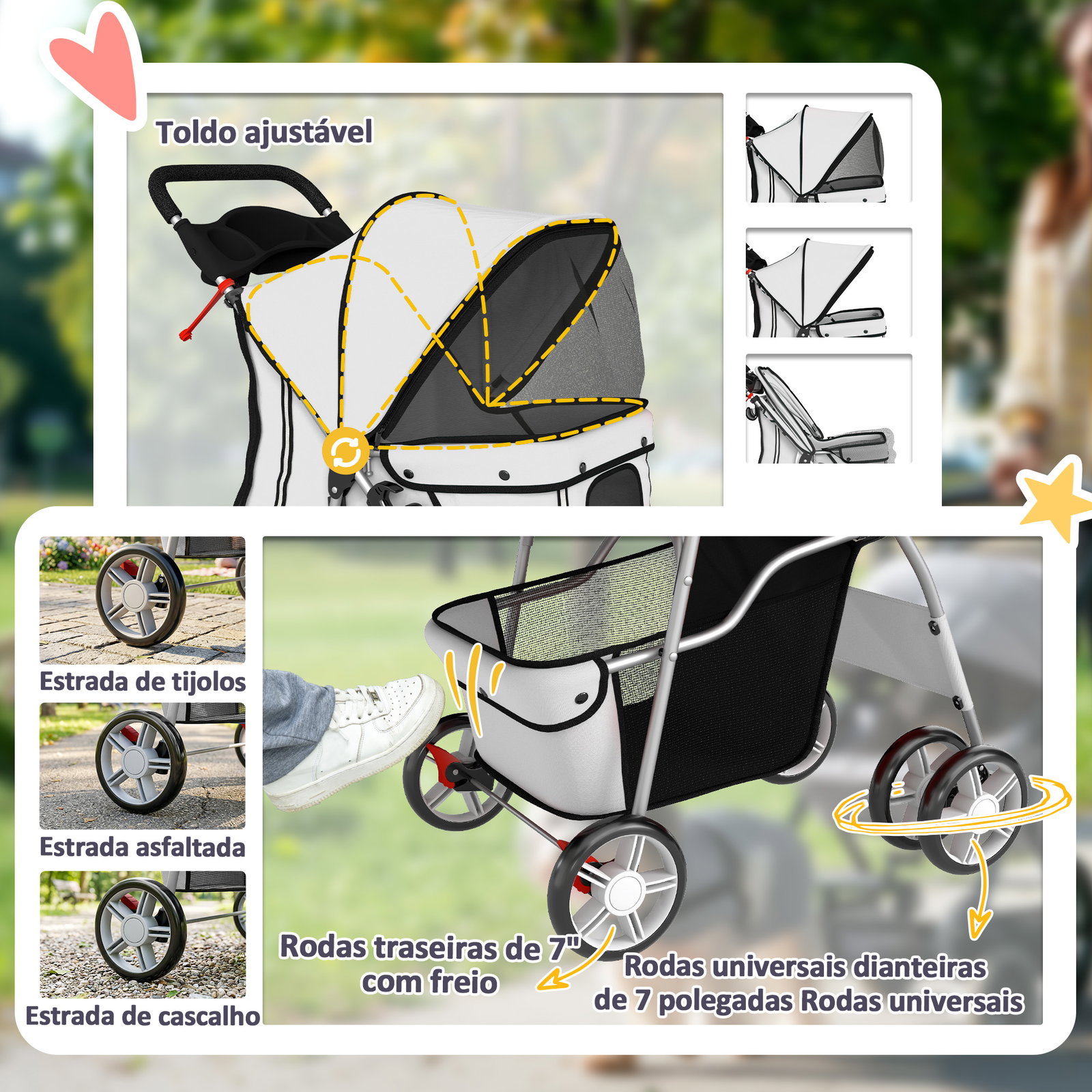 Carrinho de passeio para animais de estimação dobrável com cesta de armazenamento e travão 77x44x102 cm cinza