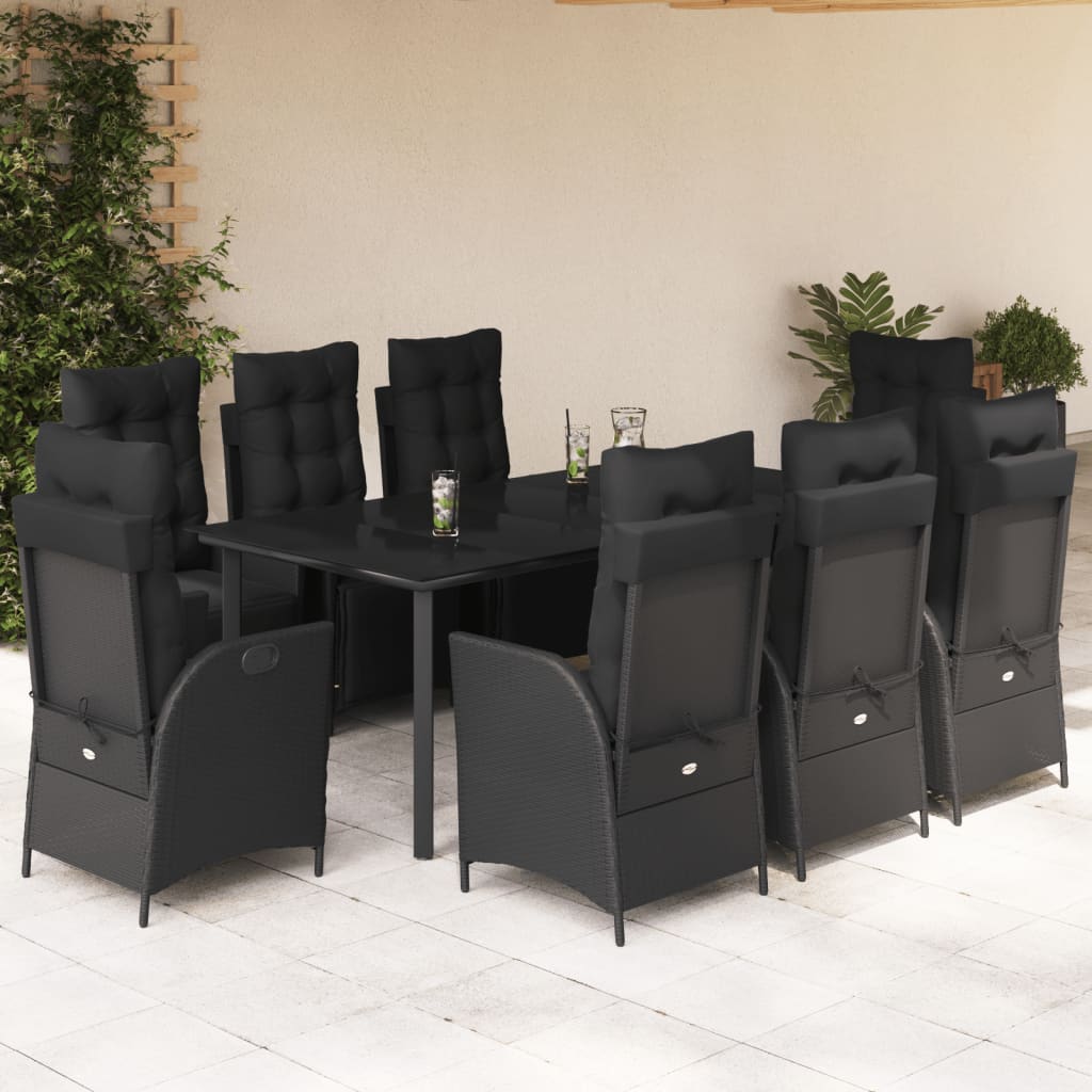 9 Pcs conjunto de jantar p/ jardim c/ almofadões vime PE preto