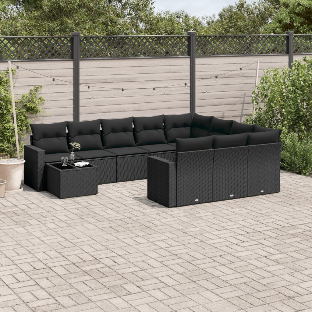 11 Pcs conjunto sofás de jardim c/ almofadões vime PE preto