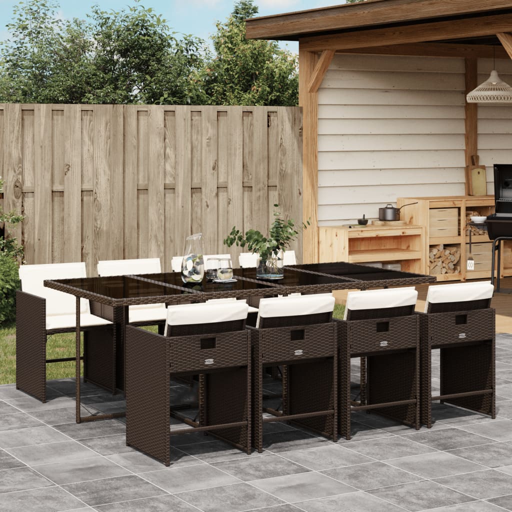 9 Pcs conjunto jantar p/ jardim c/ almofadões vime PE castanho