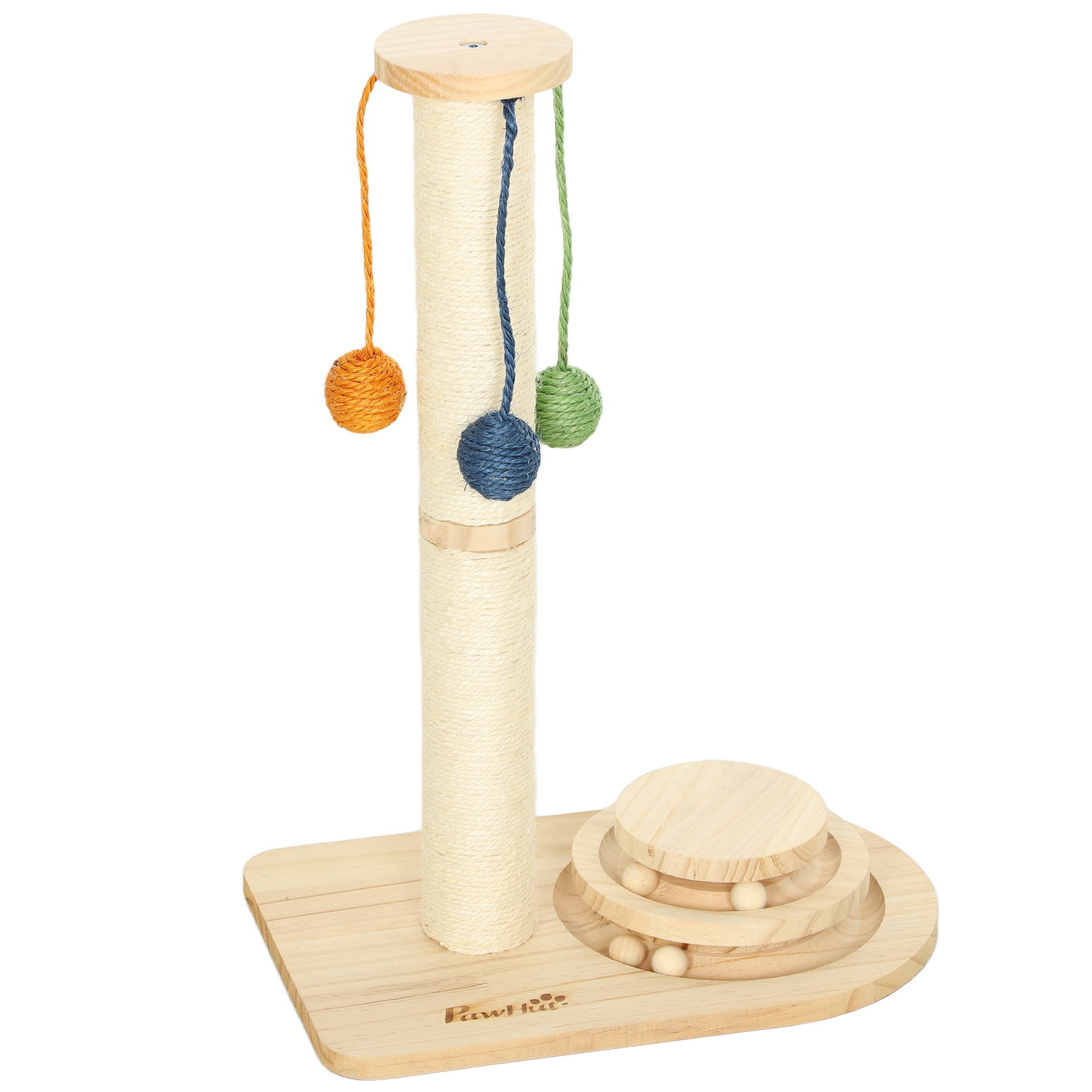 Poste arranhador para gatos com 3 bolas suspensas brinquedo de bola de pista e poste de sisal 40x26x56,5 cm madeira