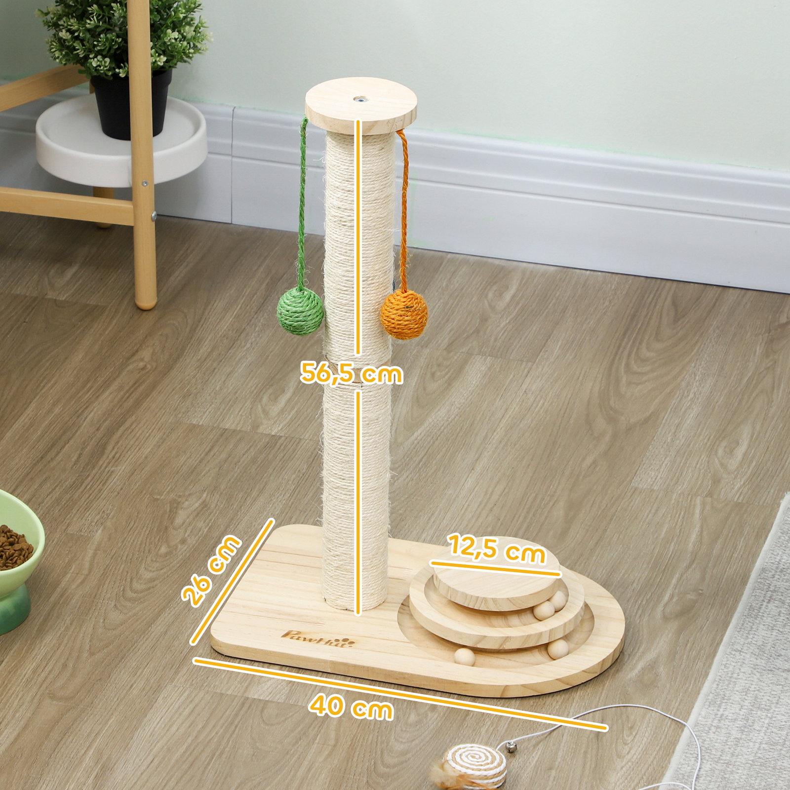Poste arranhador para gatos com 3 bolas suspensas brinquedo de bola de pista e poste de sisal 40x26x56,5 cm madeira
