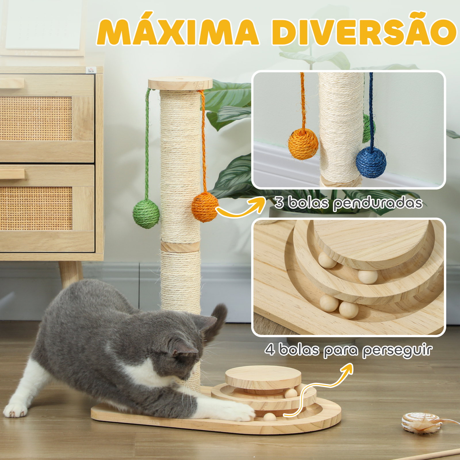 Poste arranhador para gatos com 3 bolas suspensas brinquedo de bola de pista e poste de sisal 40x26x56,5 cm madeira