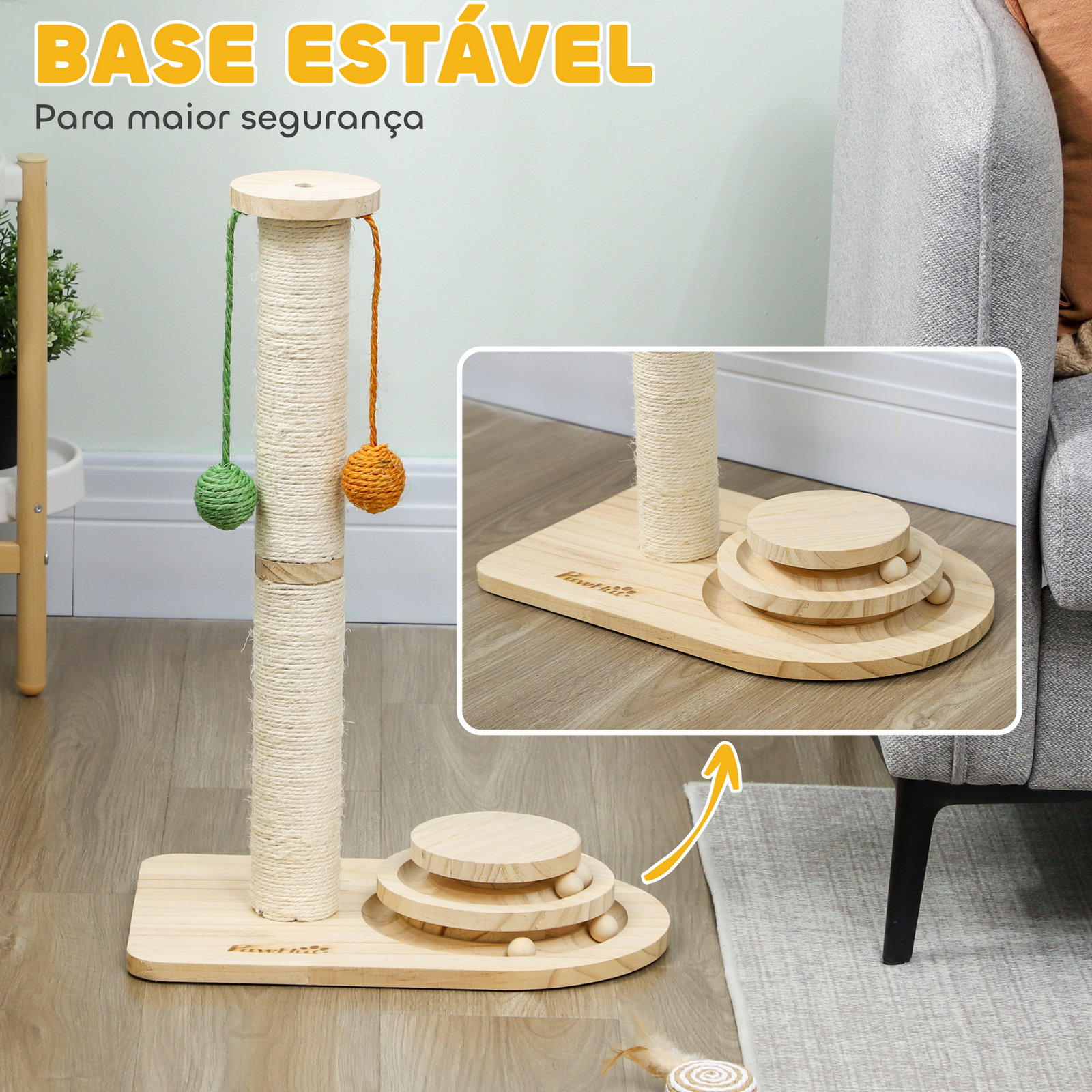 Poste arranhador para gatos com 3 bolas suspensas brinquedo de bola de pista e poste de sisal 40x26x56,5 cm madeira