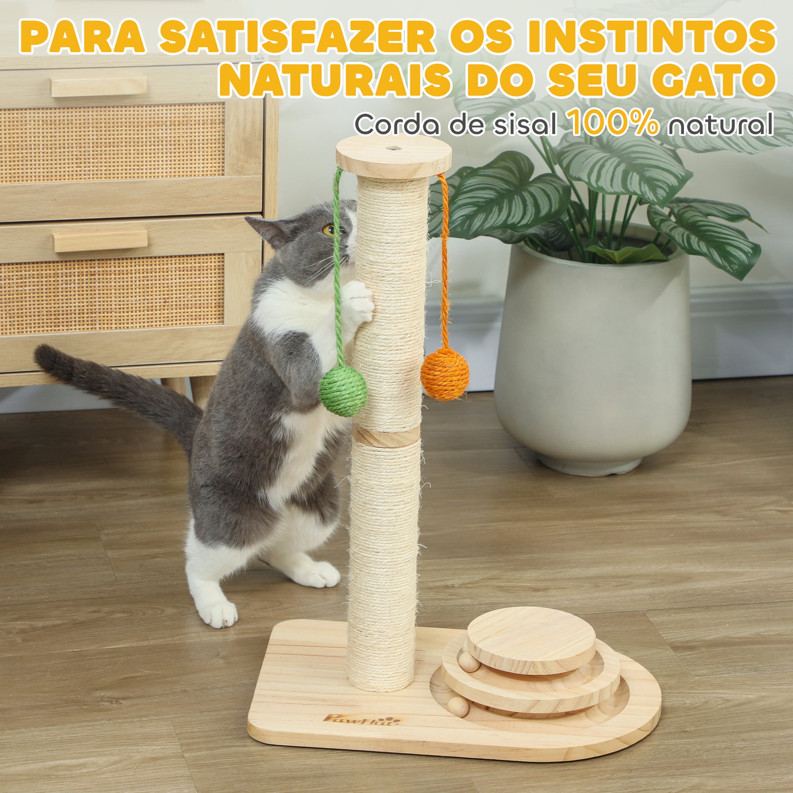 Poste arranhador para gatos com 3 bolas suspensas brinquedo de bola de pista e poste de sisal 40x26x56,5 cm madeira