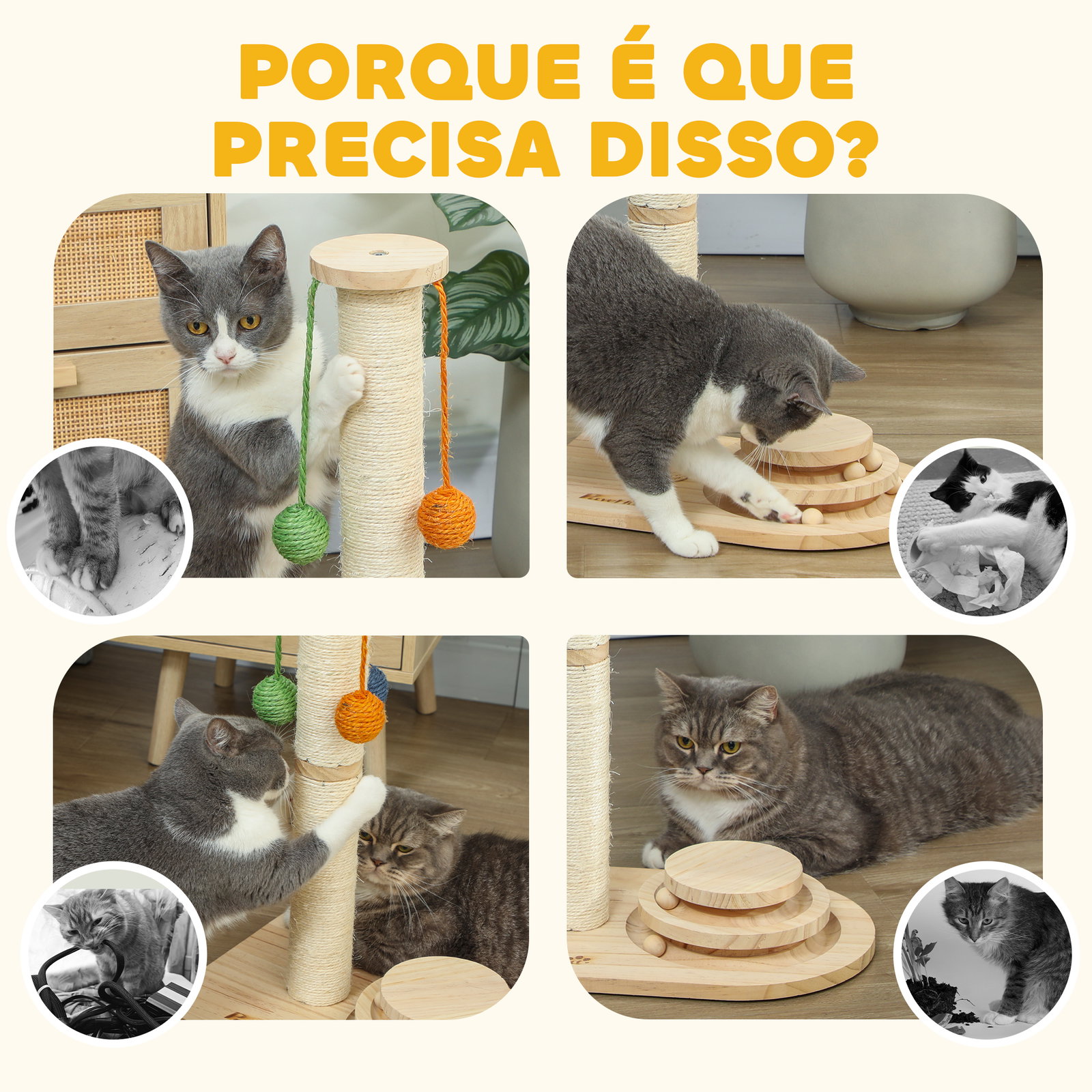 Poste arranhador para gatos com 3 bolas suspensas brinquedo de bola de pista e poste de sisal 40x26x56,5 cm madeira