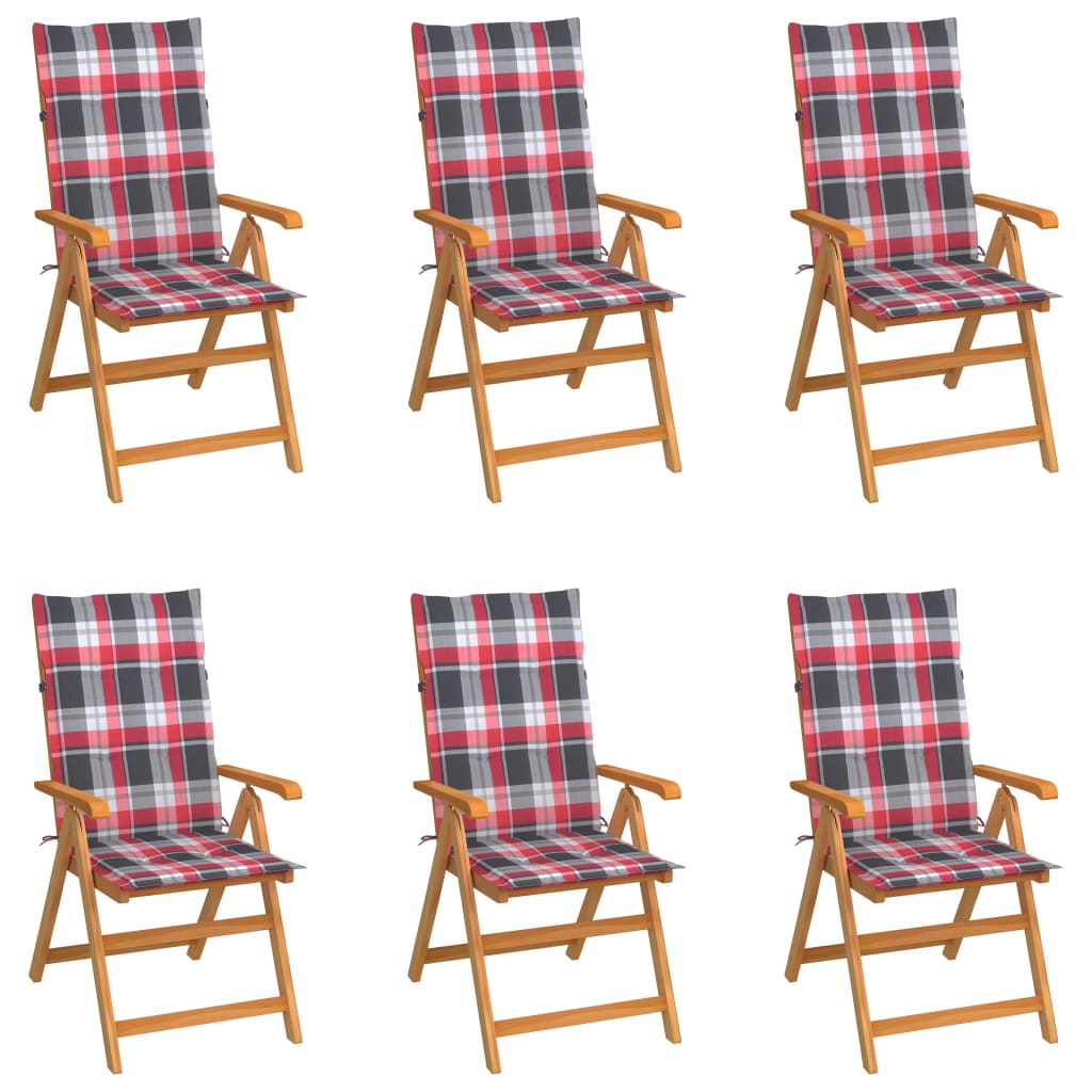 Cadeiras jardim c/ almofadões xadrez vermelho 6 pcs teca maciça