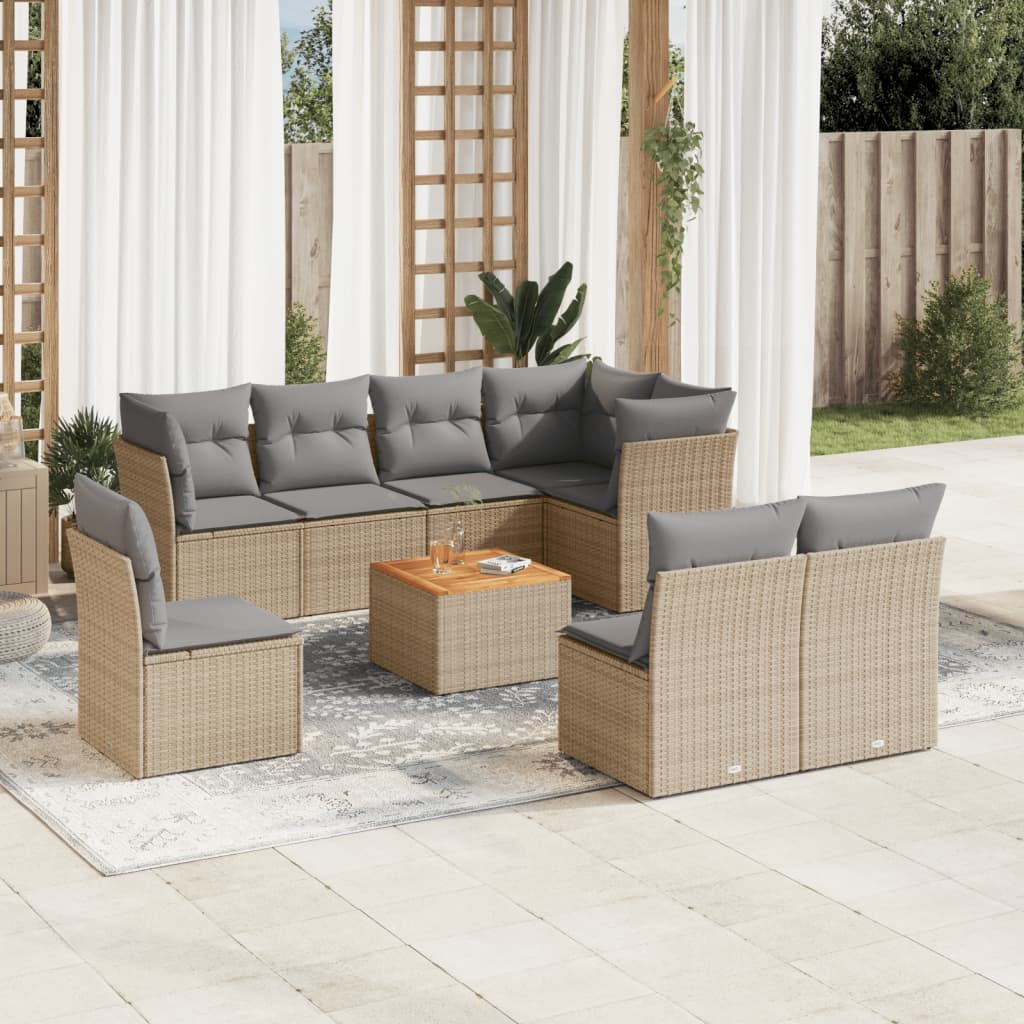 9 Pcs conjunto de sofás p/ jardim com almofadões vime PE bege