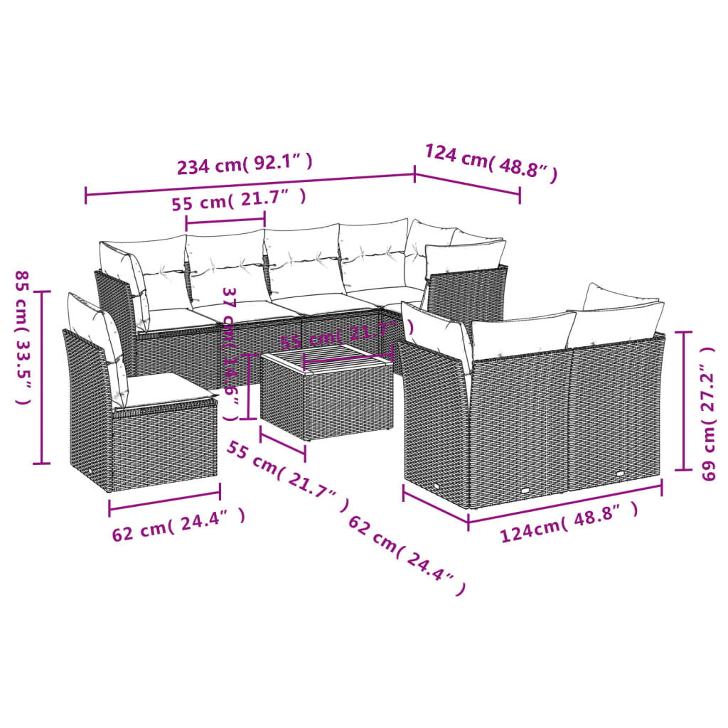 9 Pcs conjunto de sofás p/ jardim com almofadões vime PE bege