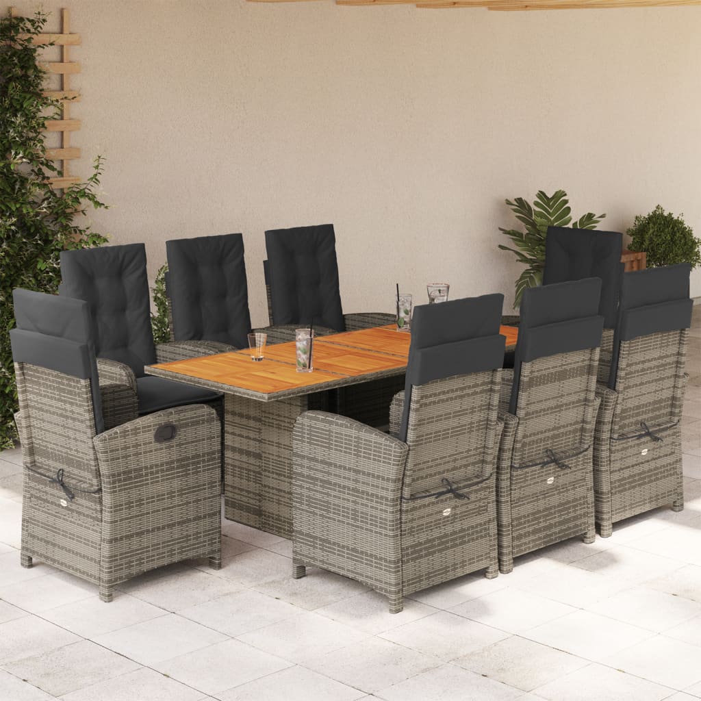 9 Pcs conjunto de jantar p/ jardim c/ almofadões vime PE cinza
