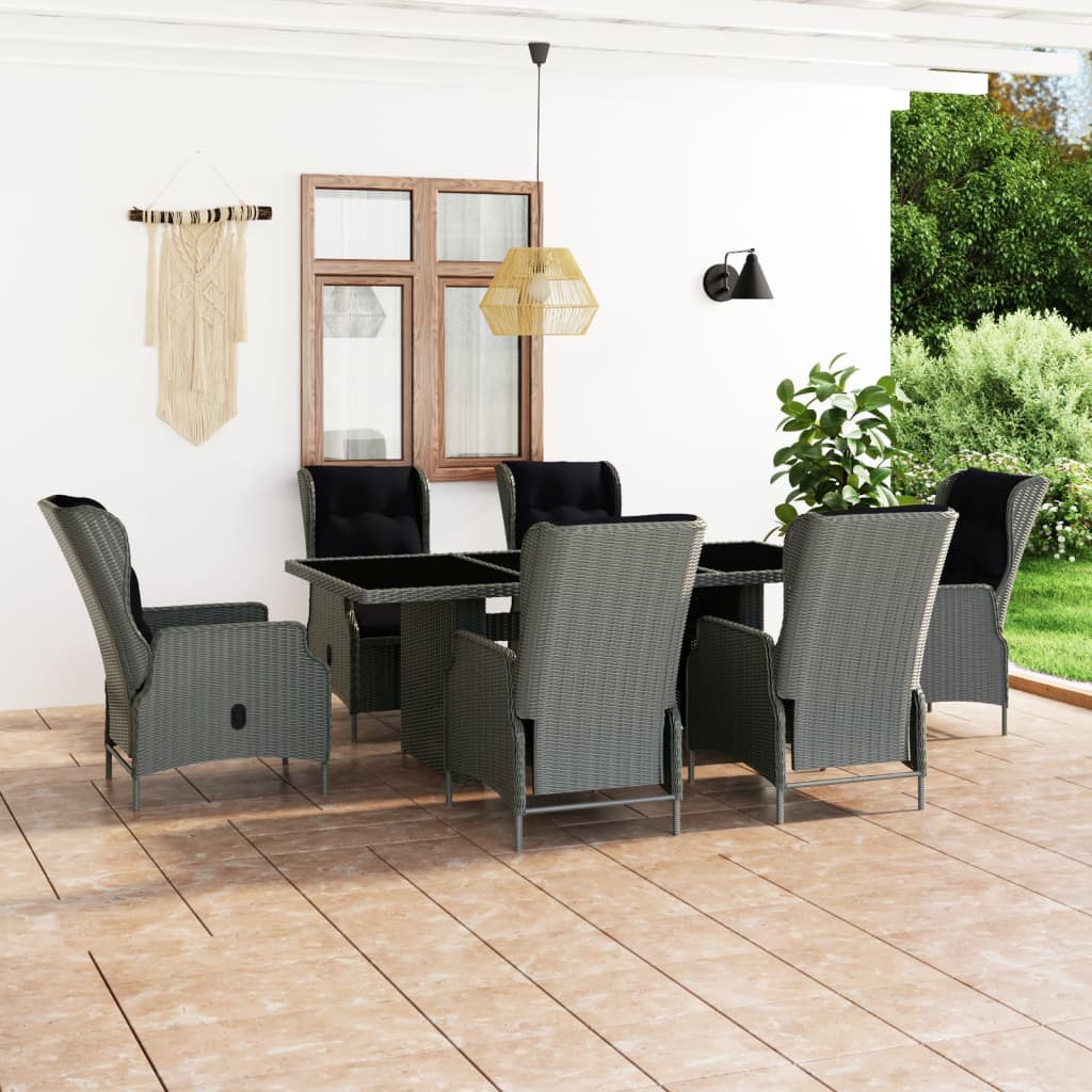 7 Pcs conj. jantar exterior + almofadões vime PE cinzento-claro