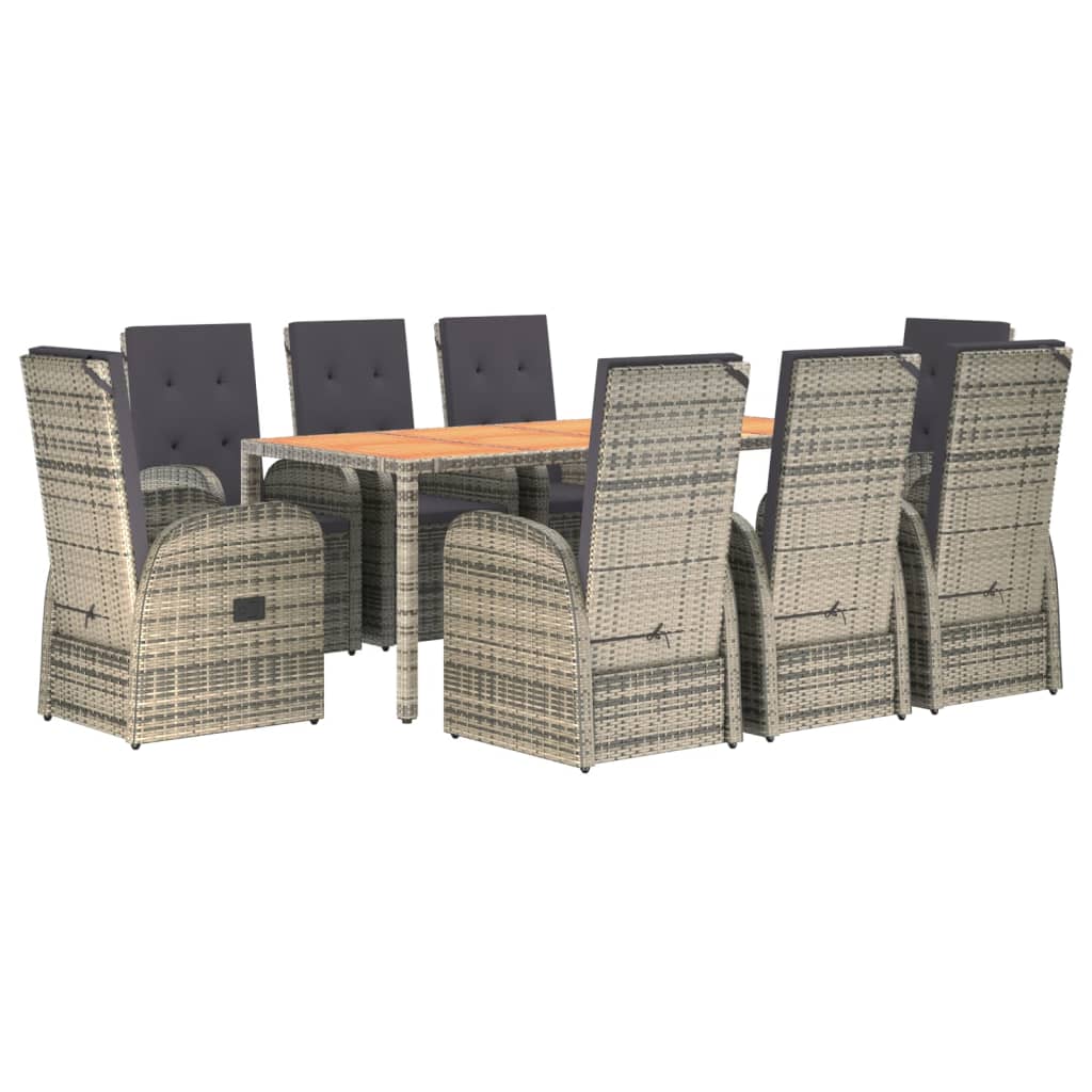 9 Pcs conjunto de jantar p/ jardim c/ almofadões vime PE cinza