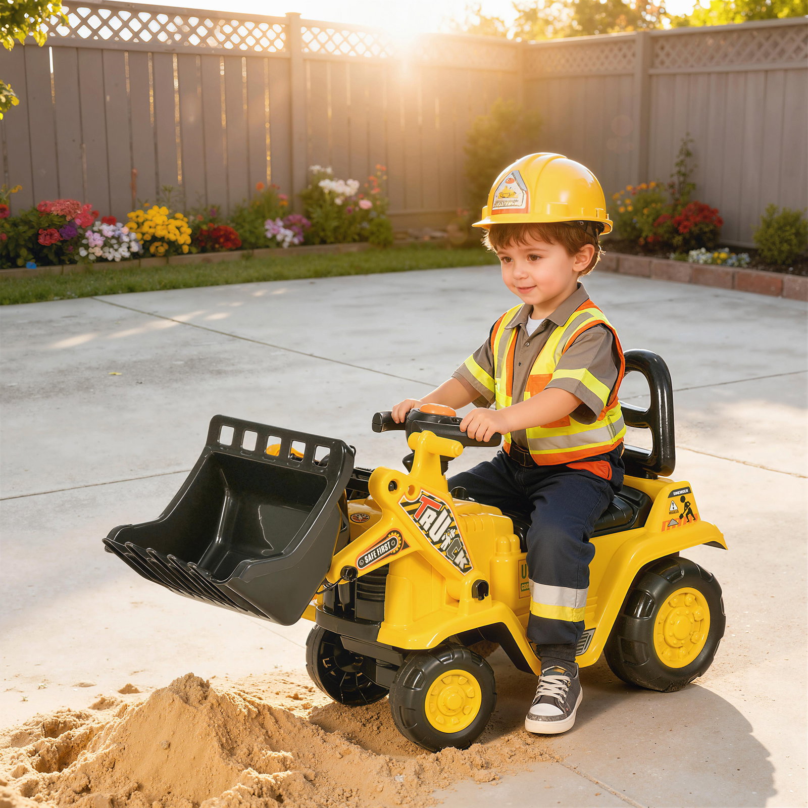 Carro andador para crianças escavadora para crianças com pá dianteira buzina volante e compartimento oculto 80x26,5x39 cm amarelo