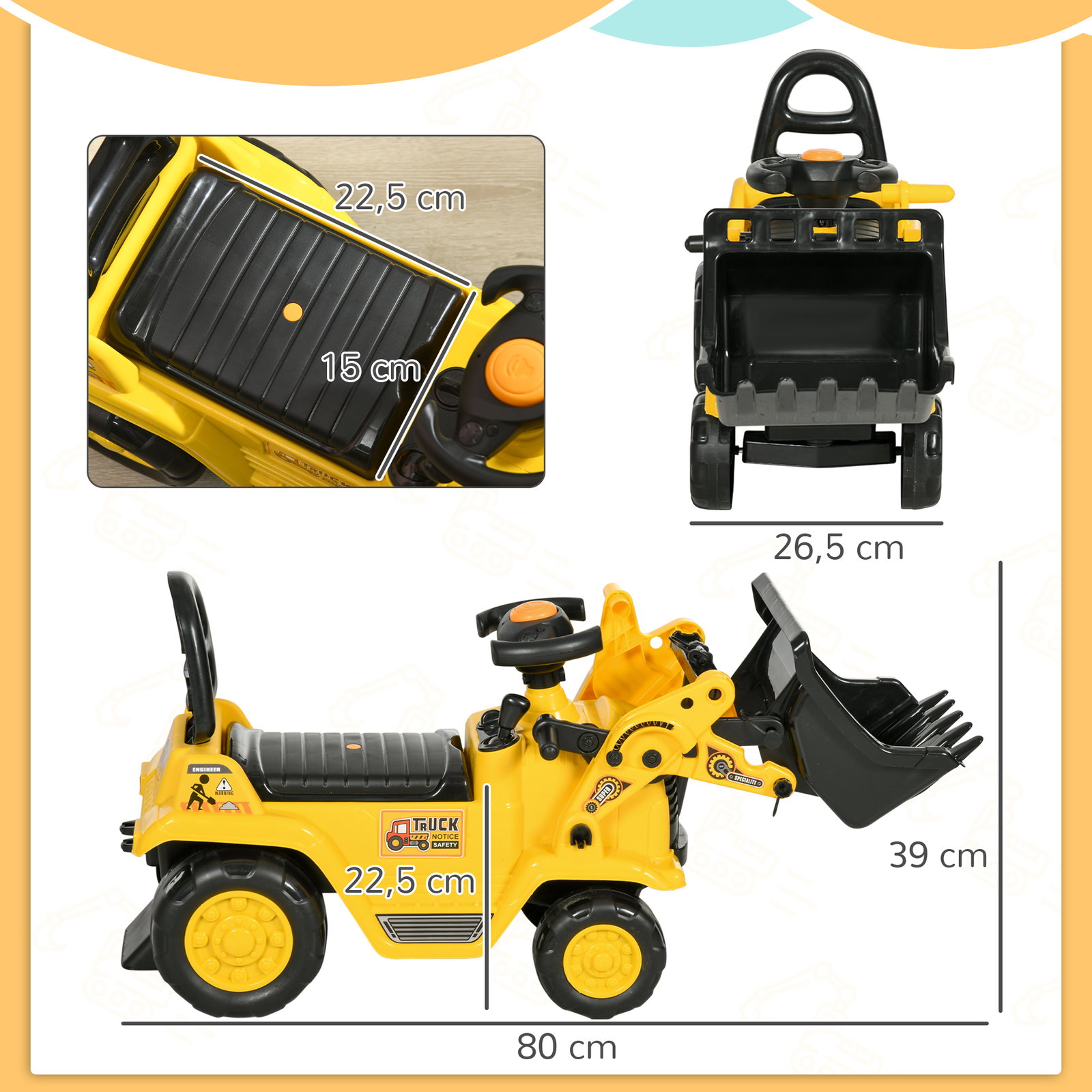 Carro andador para crianças escavadora para crianças com pá dianteira buzina volante e compartimento oculto 80x26,5x39 cm amarelo