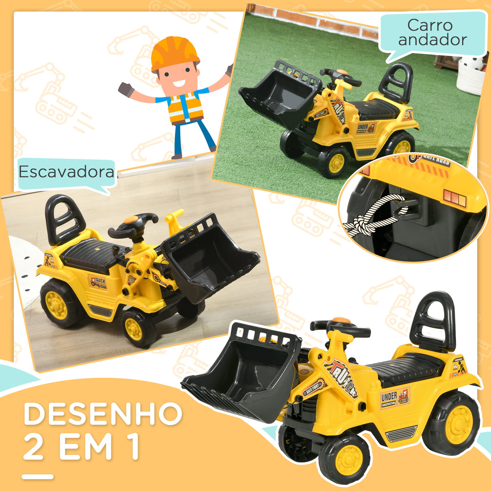 Carro andador para crianças escavadora para crianças com pá dianteira buzina volante e compartimento oculto 80x26,5x39 cm amarelo
