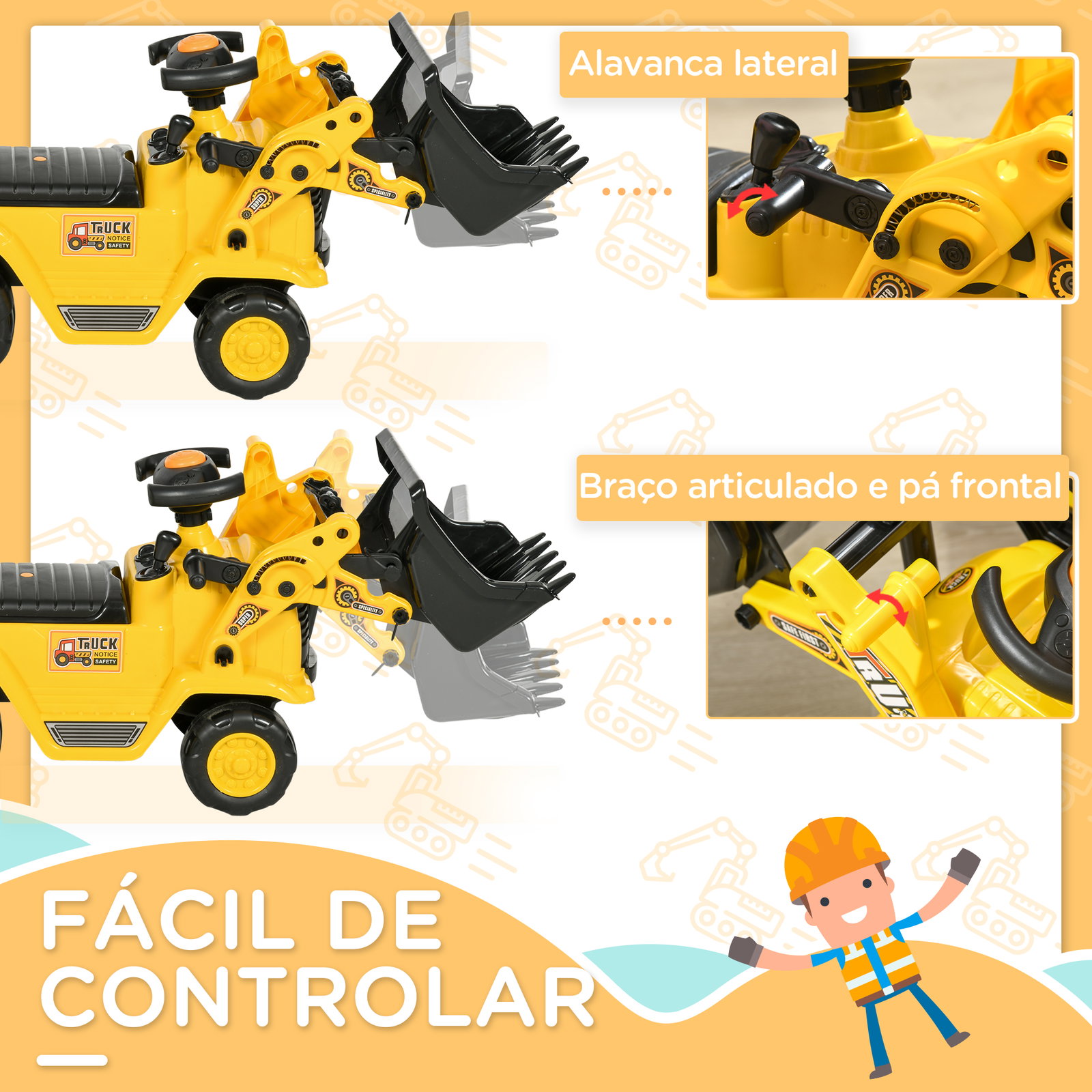 Carro andador para crianças escavadora para crianças com pá dianteira buzina volante e compartimento oculto 80x26,5x39 cm amarelo