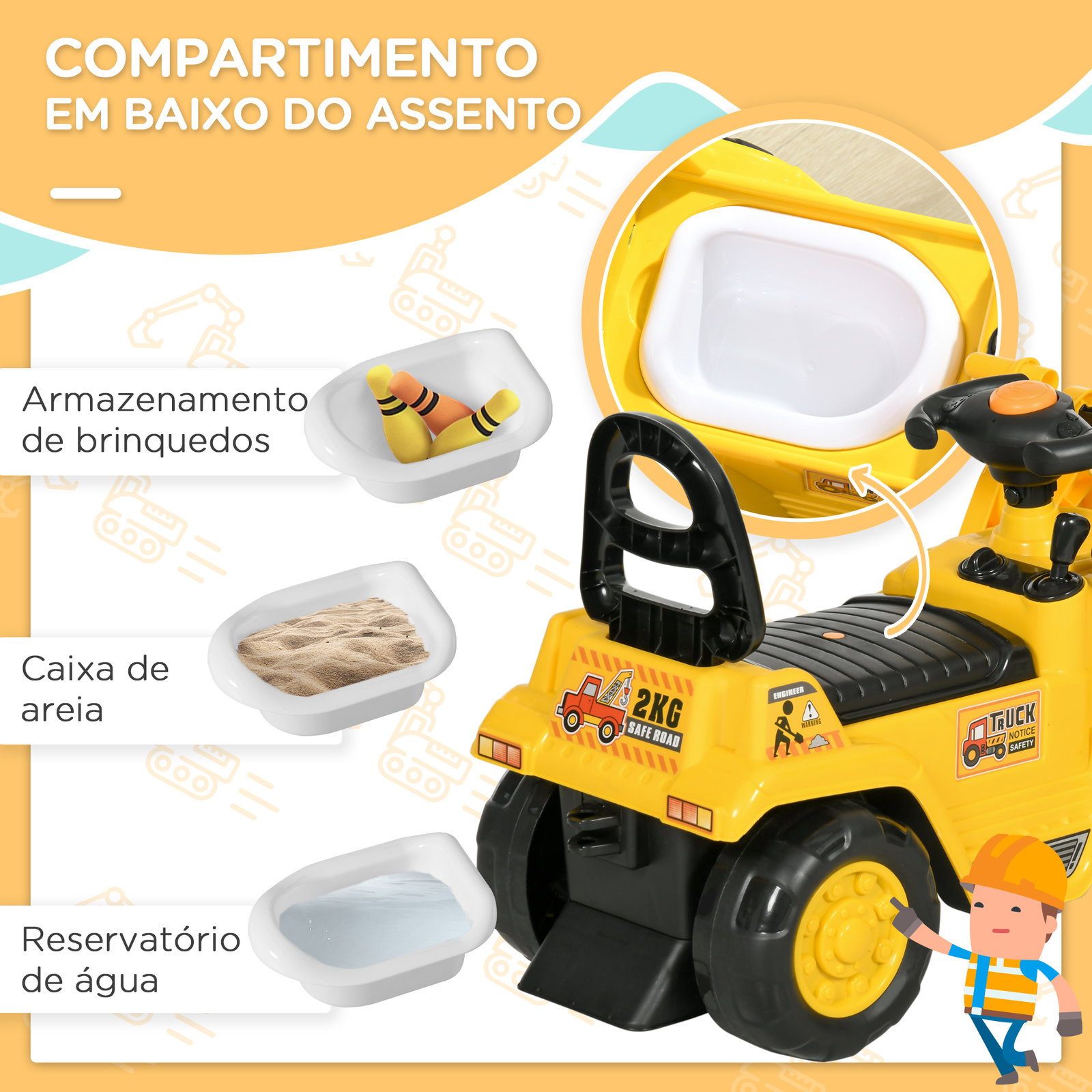 Carro andador para crianças escavadora para crianças com pá dianteira buzina volante e compartimento oculto 80x26,5x39 cm amarelo