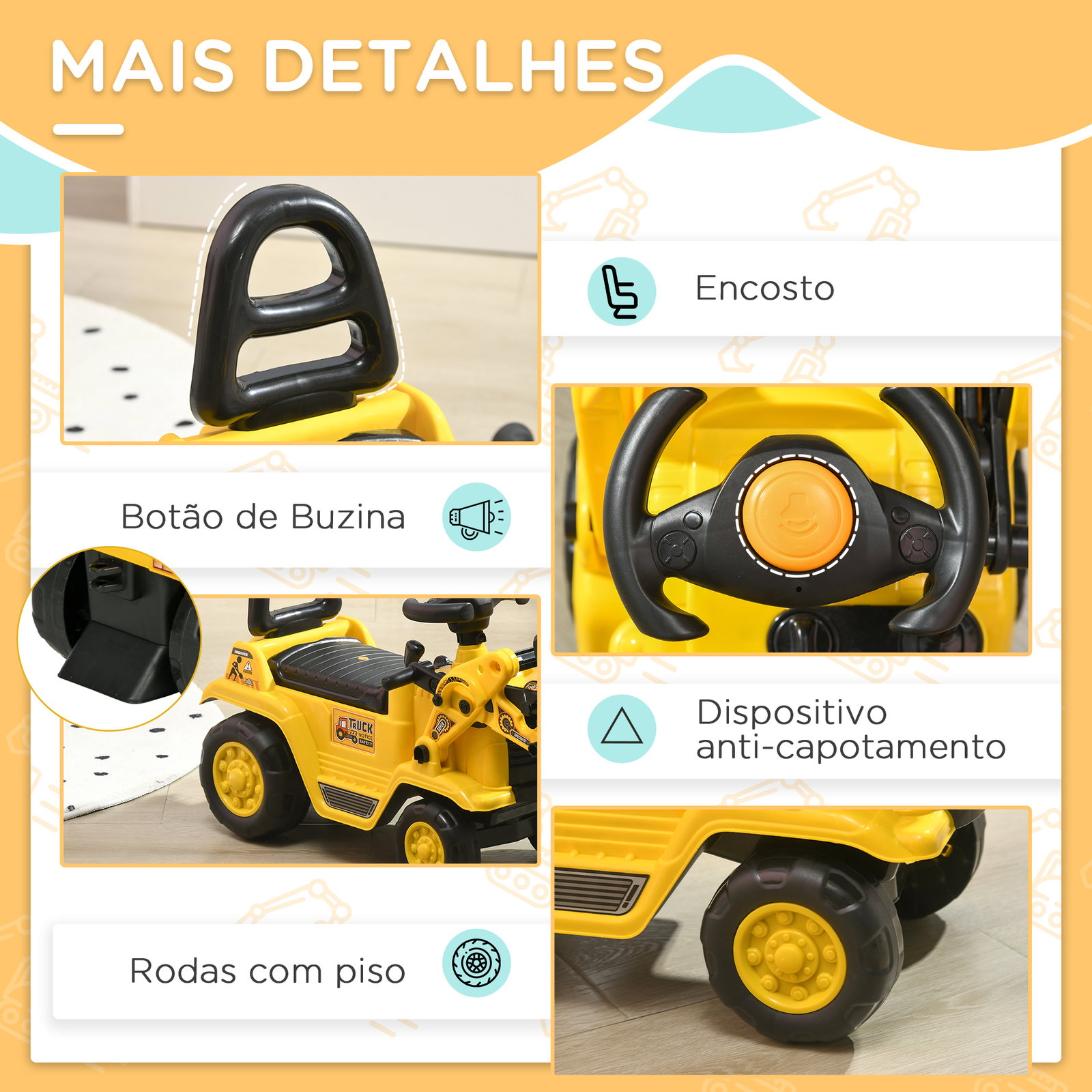 Carro andador para crianças escavadora para crianças com pá dianteira buzina volante e compartimento oculto 80x26,5x39 cm amarelo