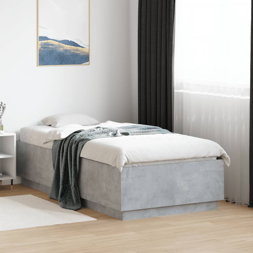 Estrutura de cama c/ luzes LED derivados madeira cinza cimento