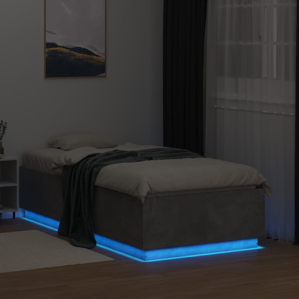 Estrutura de cama c/ luzes LED derivados madeira cinza cimento