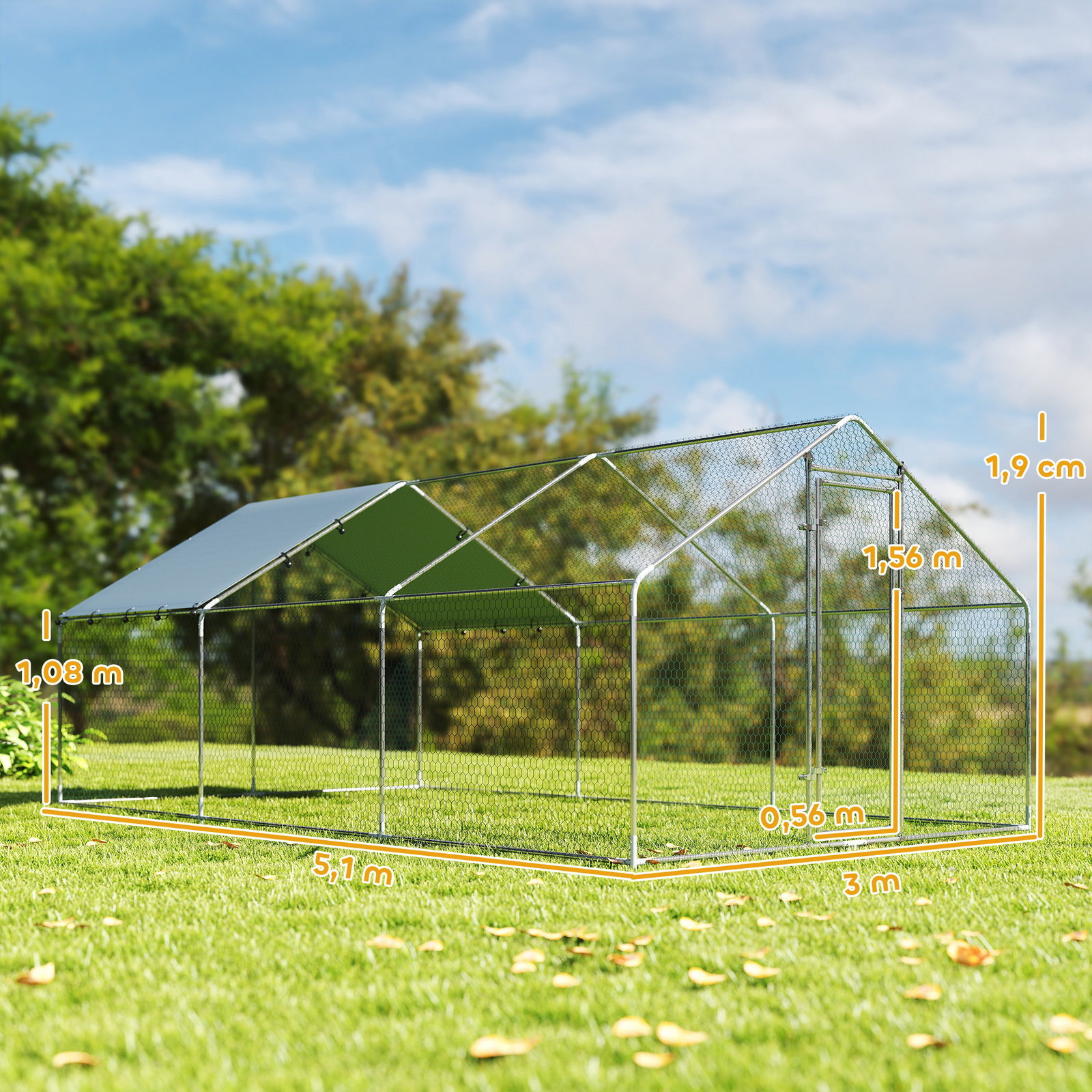 Galinheiro grande para exterior de aço galvanizado 5,1x3x1,9 m 15,3 m² com cobertura de tecido oxford e fecho prata