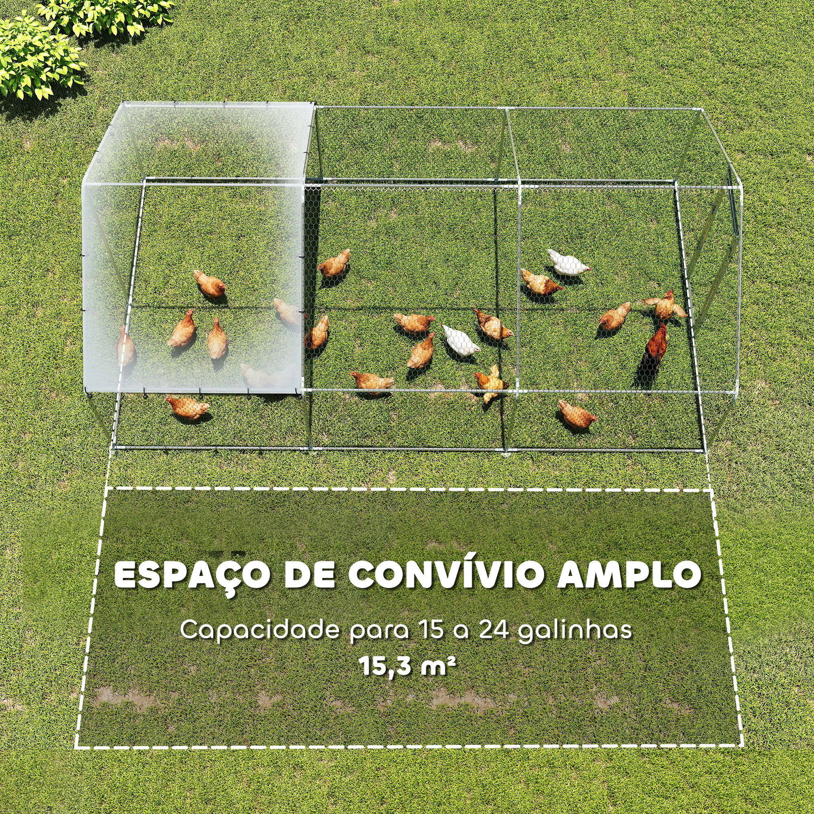 Galinheiro grande para exterior de aço galvanizado 5,1x3x1,9 m 15,3 m² com cobertura de tecido oxford e fecho prata