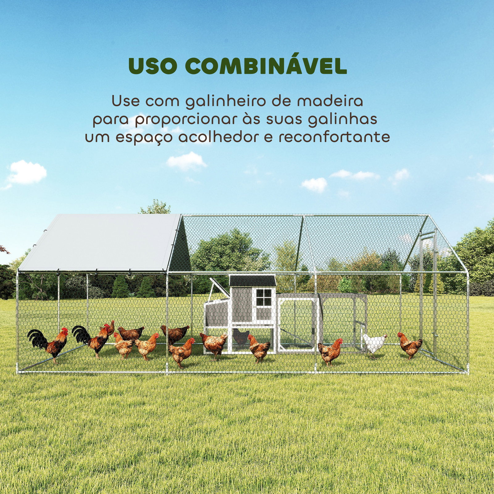 Galinheiro grande para exterior de aço galvanizado 5,1x3x1,9 m 15,3 m² com cobertura de tecido oxford e fecho prata