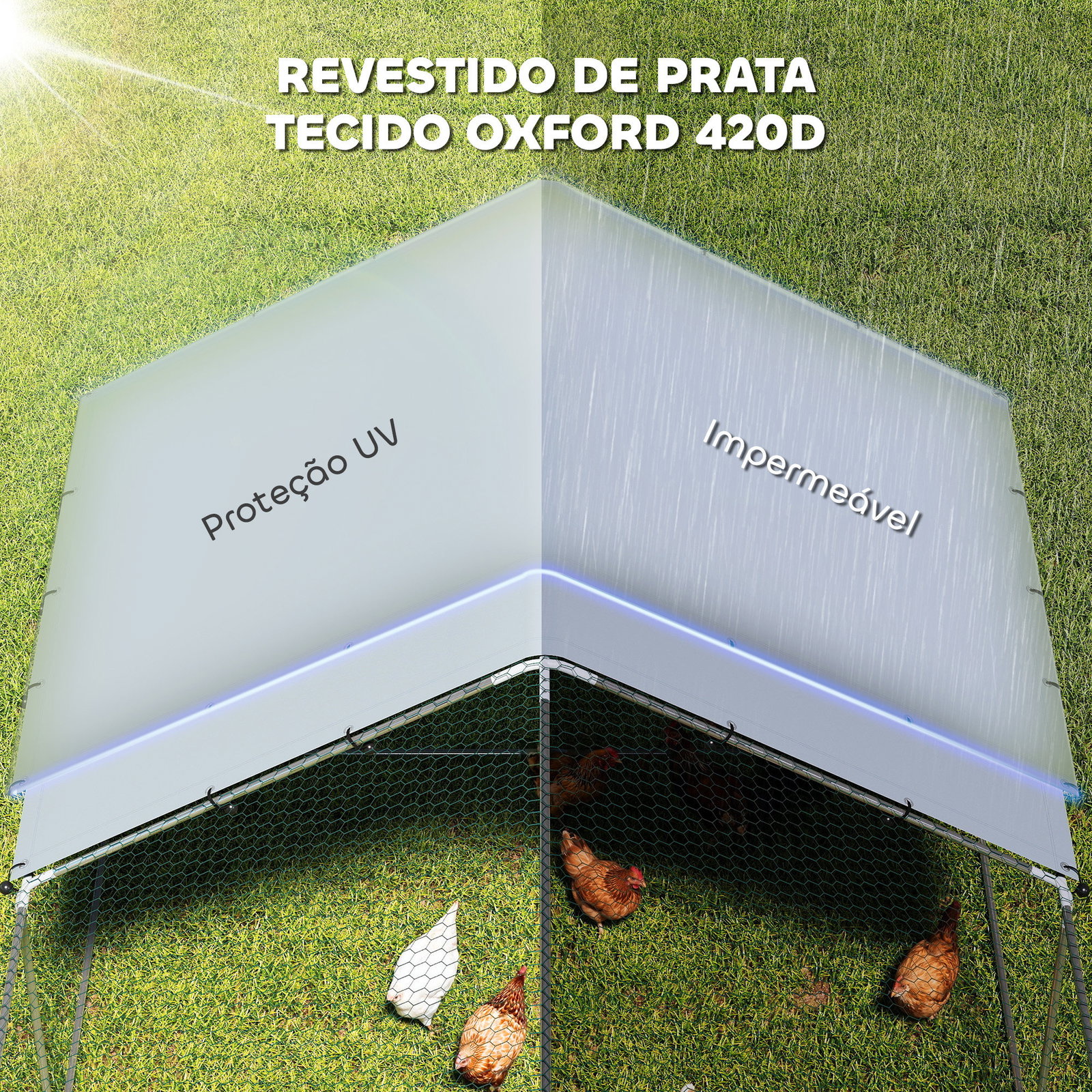 Galinheiro grande para exterior de aço galvanizado 5,1x3x1,9 m 15,3 m² com cobertura de tecido oxford e fecho prata