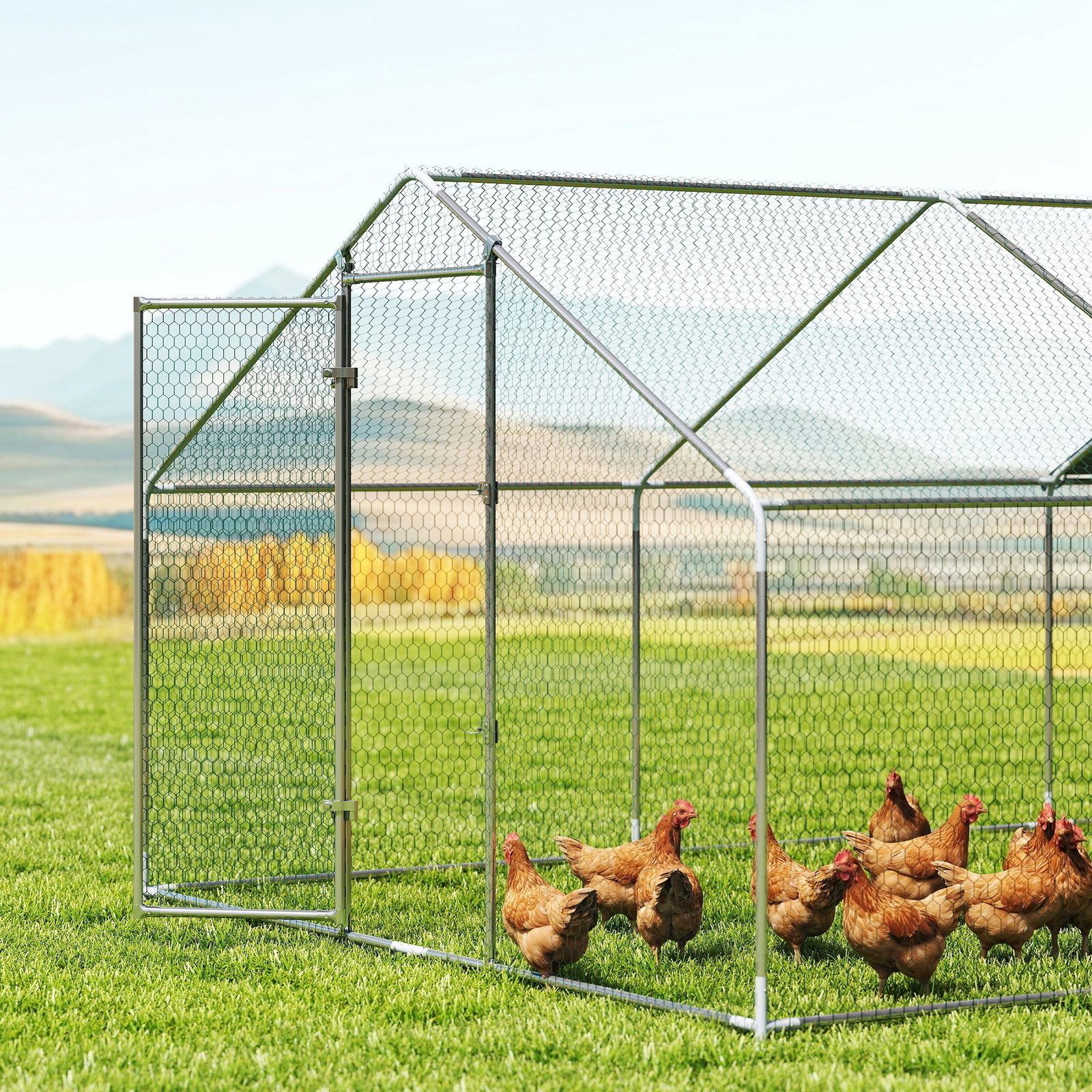 Galinheiro grande para exterior de aço galvanizado 5,1x3x1,9 m 15,3 m² com cobertura de tecido oxford e fecho prata