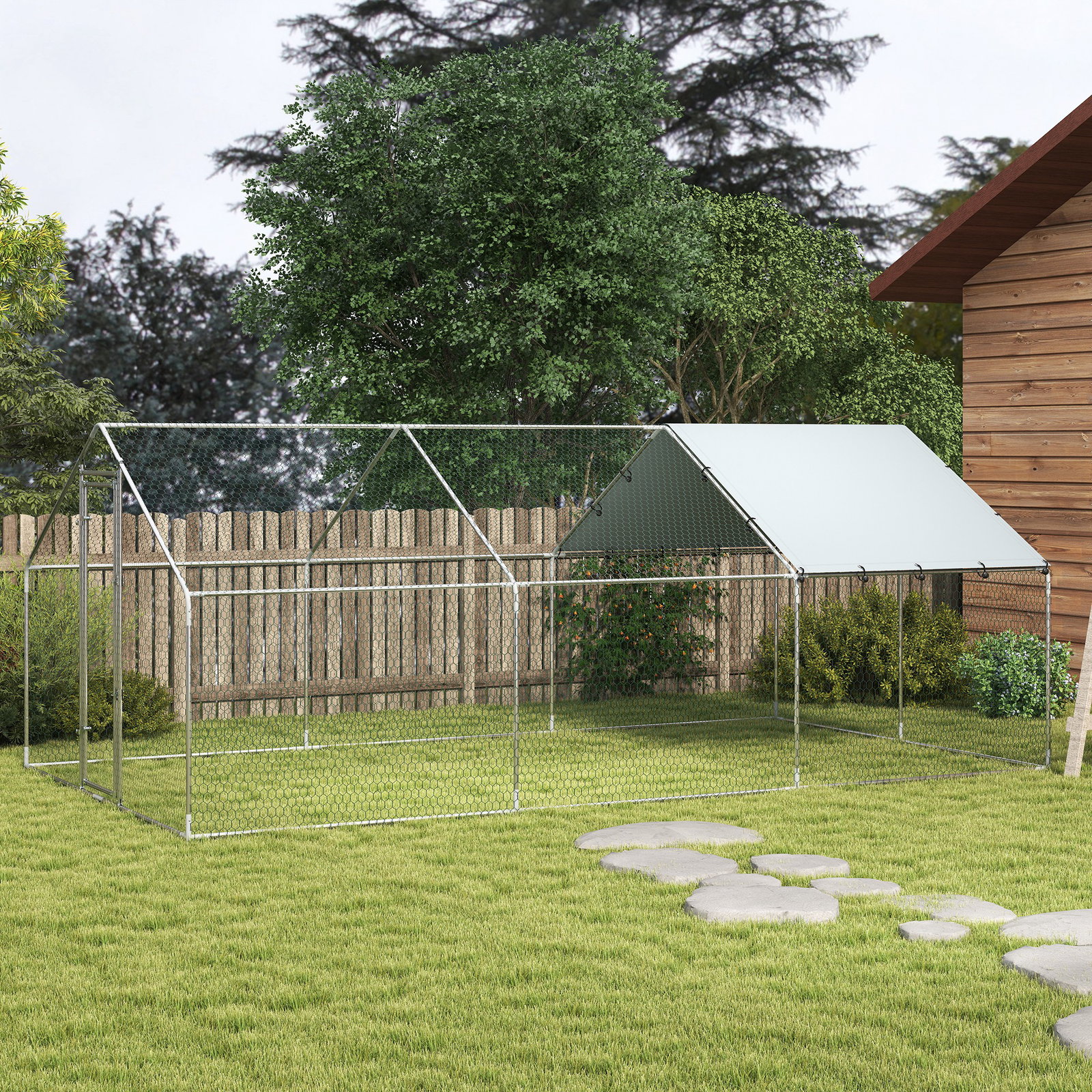 Galinheiro grande para exterior de aço galvanizado 5,1x3x1,9 m 15,3 m² com cobertura de tecido oxford e fecho prata
