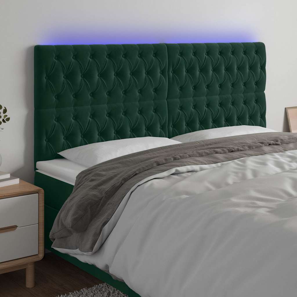 Cabeceira de cama c/ LED veludo 200x7x118/128 cm verde-escuro